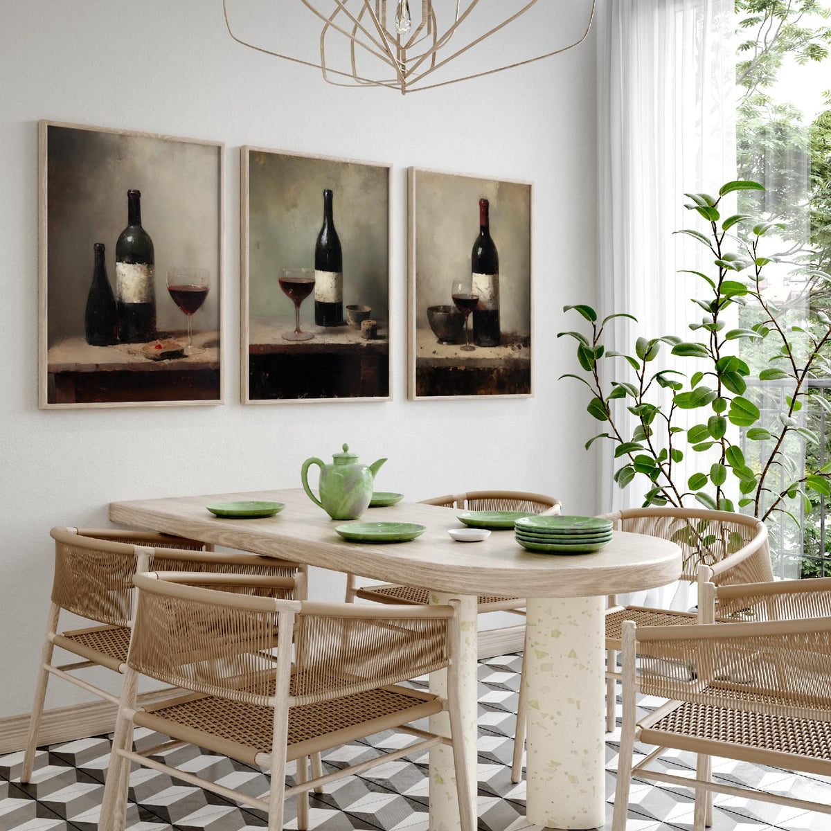 Red Wine Bottle and Glass Set of Three Art Prints - Dark Rustic Still Life Poster - Old Master Style Kitchen Illustration