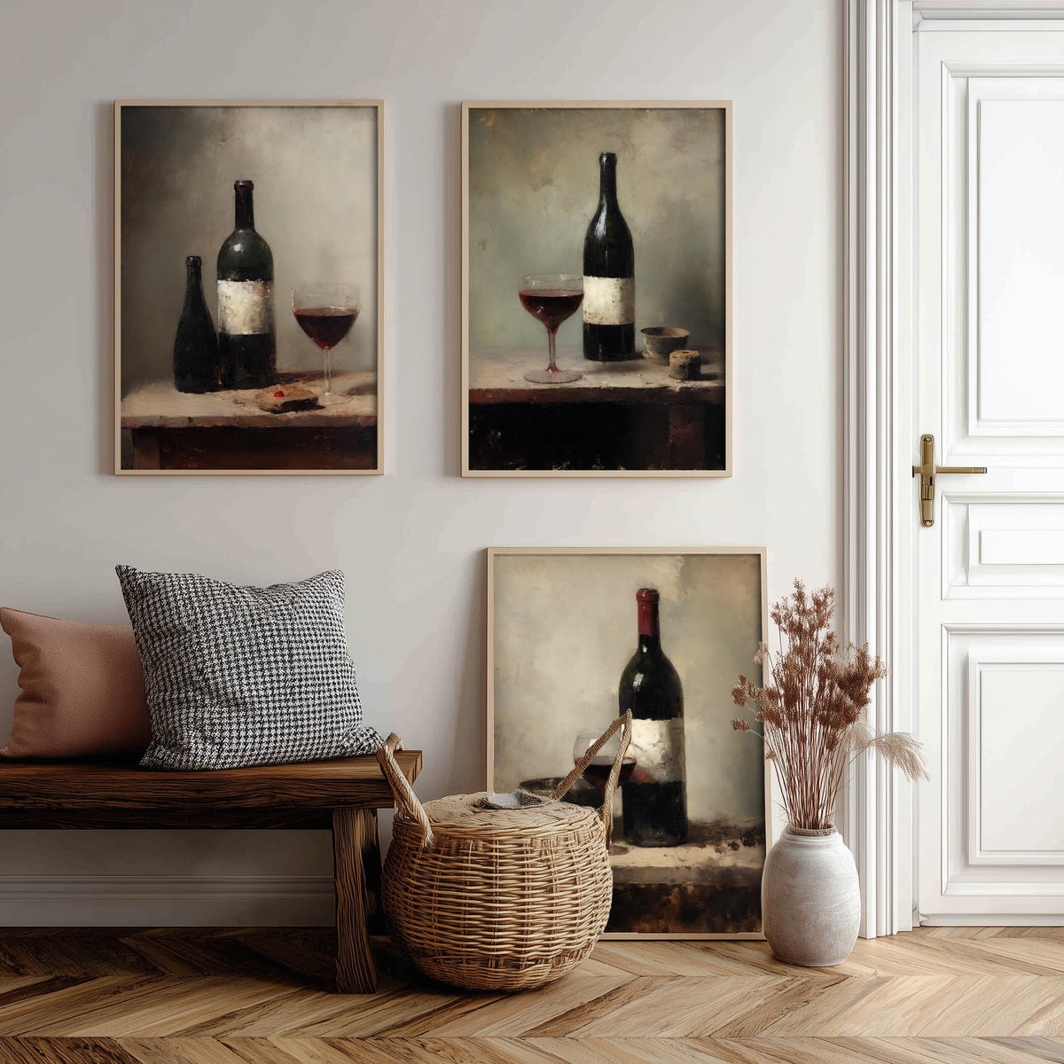 Red Wine Bottle and Glass Set of Three Art Prints - Dark Rustic Still Life Poster - Old Master Style Kitchen Illustration
