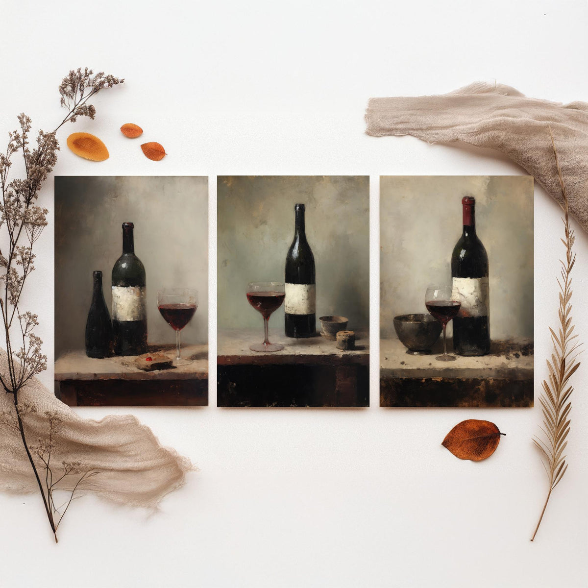 Red Wine Bottle and Glass Set of Three Art Prints - Dark Rustic Still Life Poster - Old Master Style Kitchen Illustration