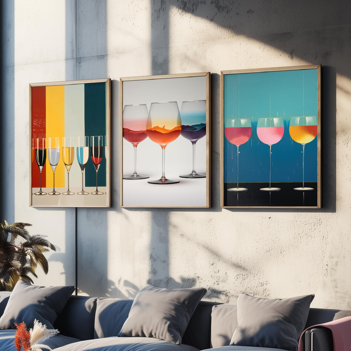 Colourful Wine Glasses Set of Three Art Prints - Striped Champagne Flutes, Sunset Swirl, Pink Drip Glasses - Pop Art Poster Illustration