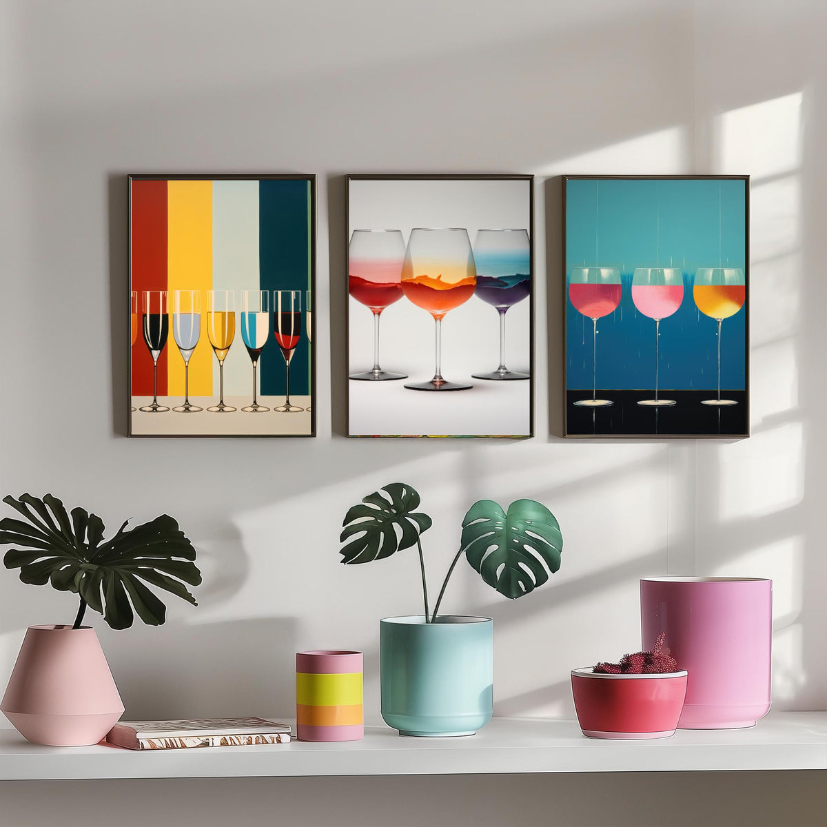 Colourful Wine Glasses Set of Three Art Prints - Striped Champagne Flutes, Sunset Swirl, Pink Drip Glasses - Pop Art Poster Illustration