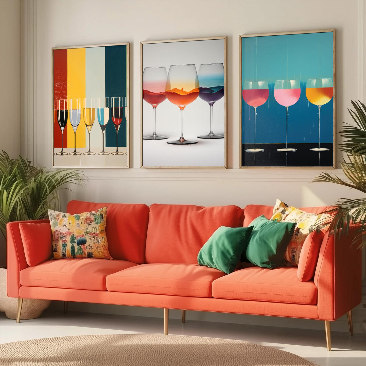 Colourful Wine Glasses Set of Three Art Prints - Striped Champagne Flutes, Sunset Swirl, Pink Drip Glasses - Pop Art Poster Illustration