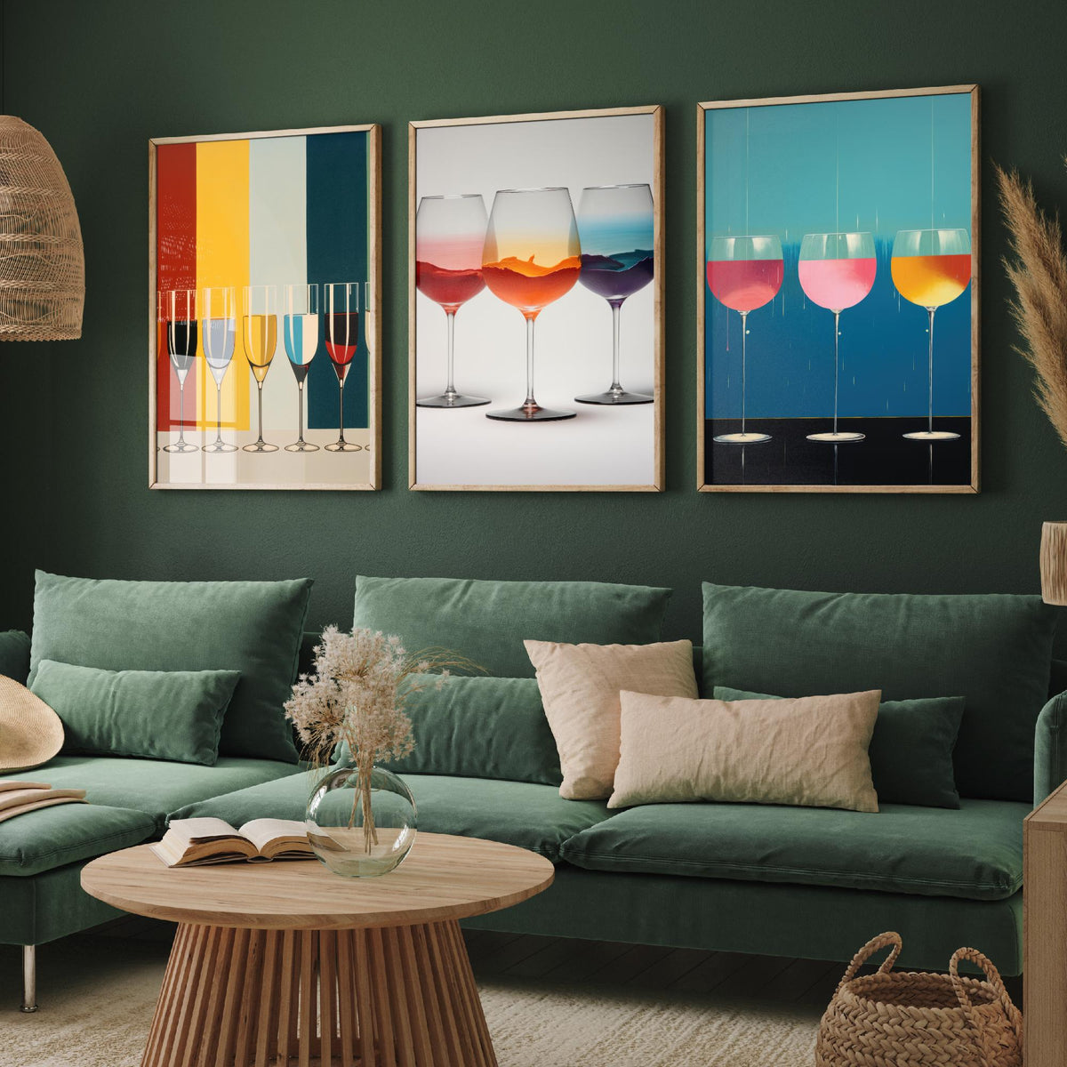Colourful Wine Glasses Set of Three Art Prints - Striped Champagne Flutes, Sunset Swirl, Pink Drip Glasses - Pop Art Poster Illustration