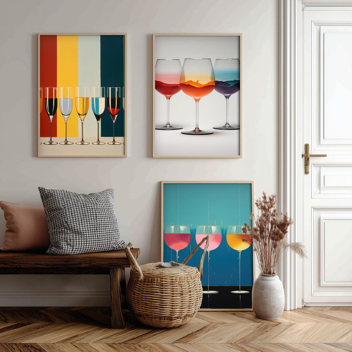 Colourful Wine Glasses Set of Three Art Prints - Striped Champagne Flutes, Sunset Swirl, Pink Drip Glasses - Pop Art Poster Illustration