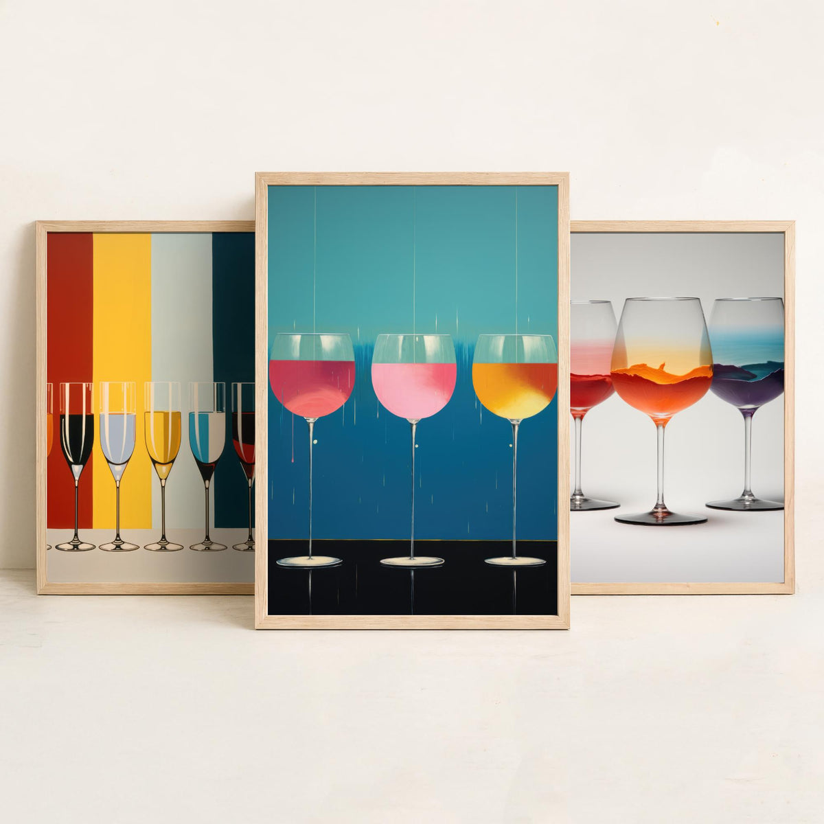 Colourful Wine Glasses Set of Three Art Prints - Striped Champagne Flutes, Sunset Swirl, Pink Drip Glasses - Pop Art Poster Illustration