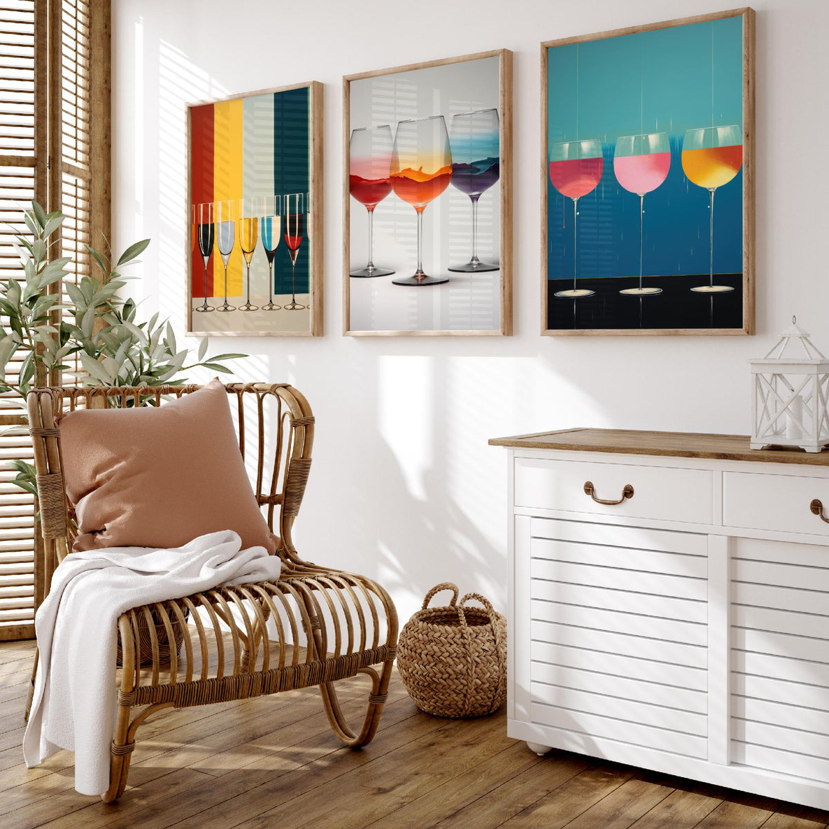 Colourful Wine Glasses Set of Three Art Prints - Striped Champagne Flutes, Sunset Swirl, Pink Drip Glasses - Pop Art Poster Illustration