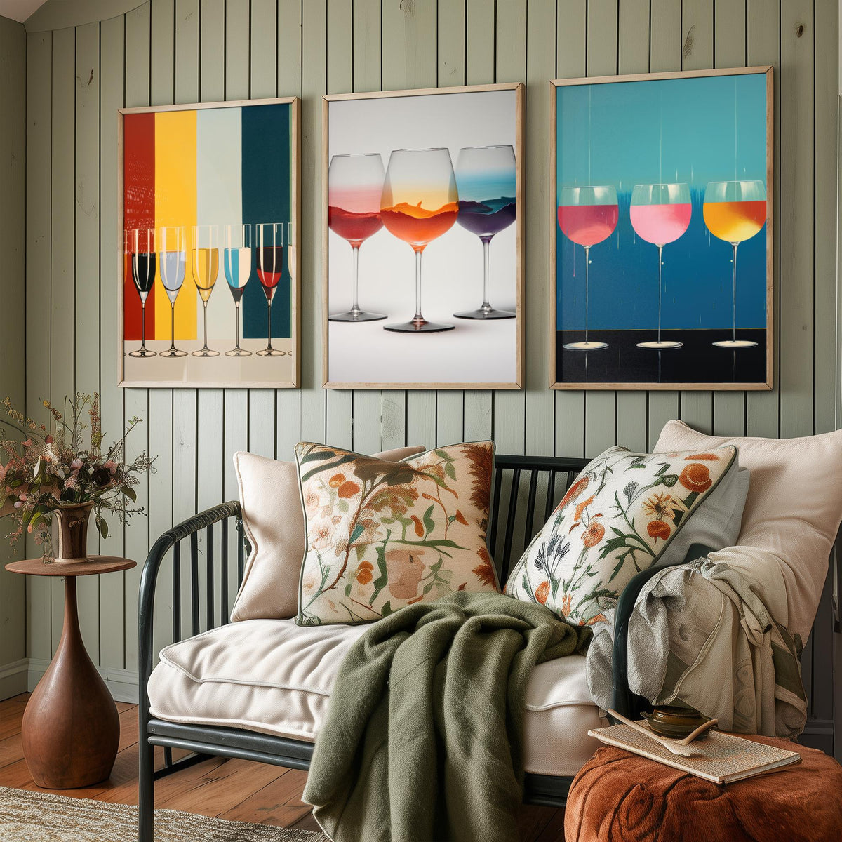 Colourful Wine Glasses Set of Three Art Prints - Striped Champagne Flutes, Sunset Swirl, Pink Drip Glasses - Pop Art Poster Illustration