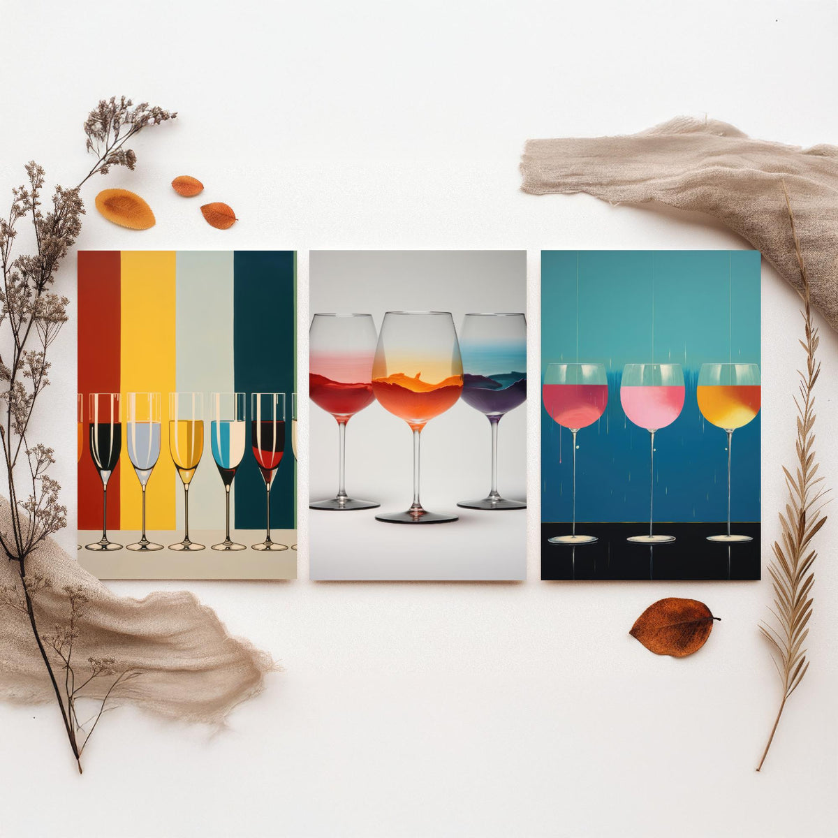 Colourful Wine Glasses Set of Three Art Prints - Striped Champagne Flutes, Sunset Swirl, Pink Drip Glasses - Pop Art Poster Illustration
