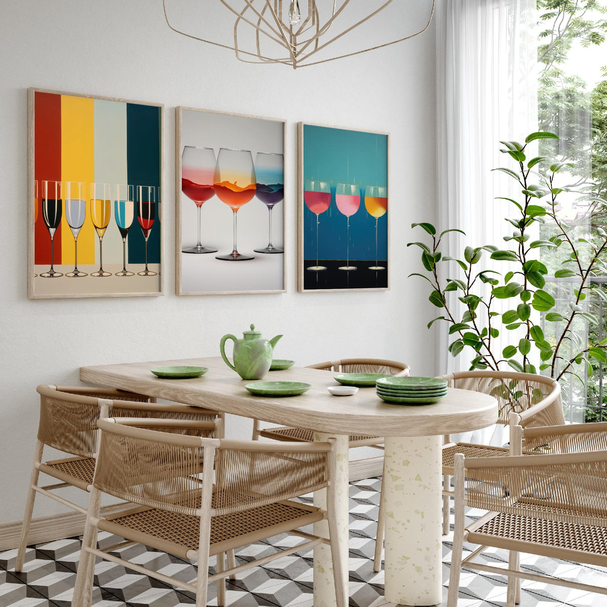 Colourful Wine Glasses Set of Three Art Prints - Striped Champagne Flutes, Sunset Swirl, Pink Drip Glasses - Pop Art Poster Illustration