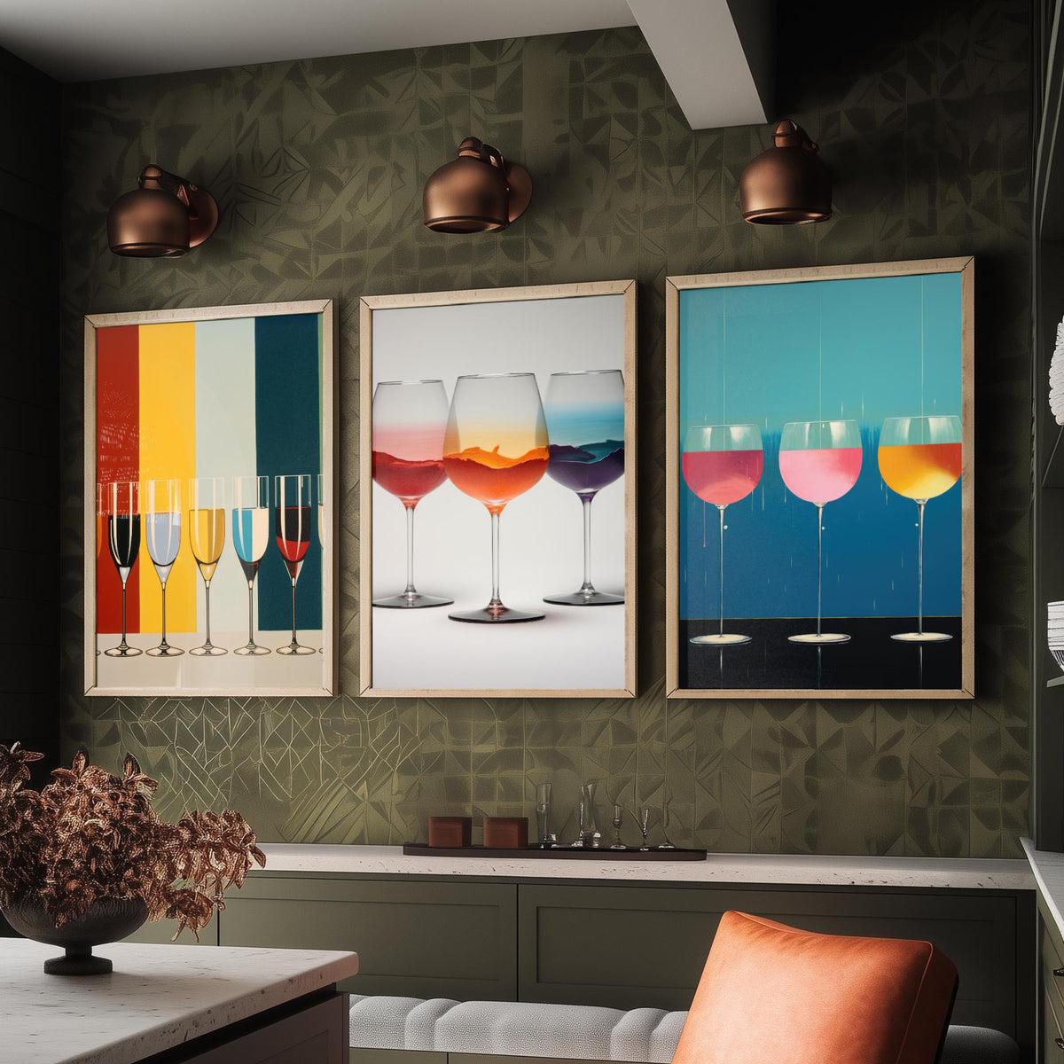 Colourful Wine Glasses Set of Three Art Prints - Striped Champagne Flutes, Sunset Swirl, Pink Drip Glasses - Pop Art Poster Illustration