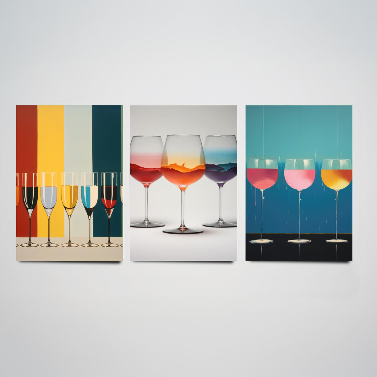 Colourful Wine Glasses Set of Three Art Prints - Striped Champagne Flutes, Sunset Swirl, Pink Drip Glasses - Pop Art Poster Illustration