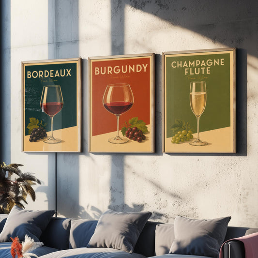 Vintage Wine Set of Three Kitchen Art Prints - Bordeaux, Burgundy, Champagne - Retro Bar Poster Illustration Gift Decor