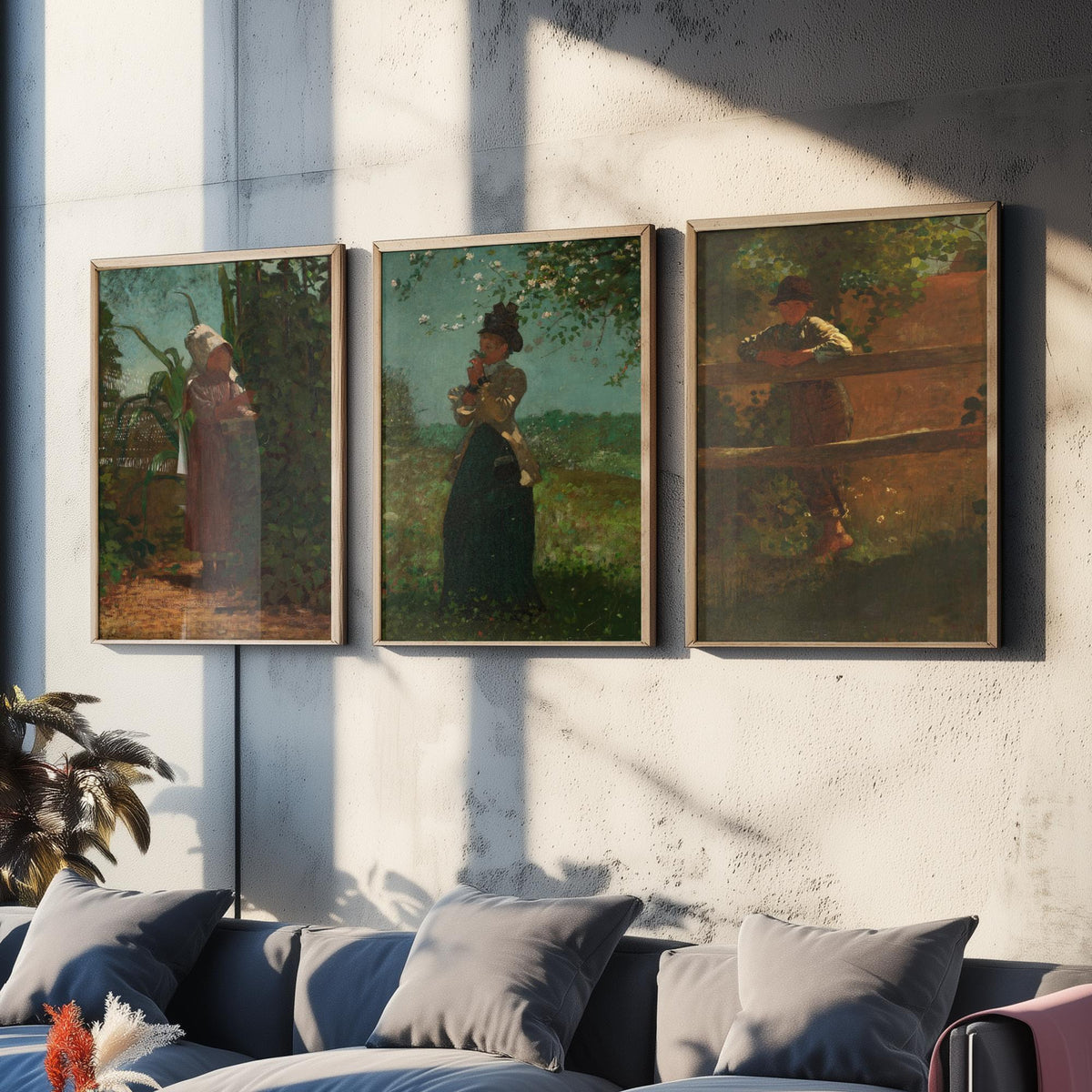 Winslow Homer Set of Three Art Prints - Sunbonnet Girl in the Garden, Lady with Blossom, Farm Boy at the Fence - American Painting Poster