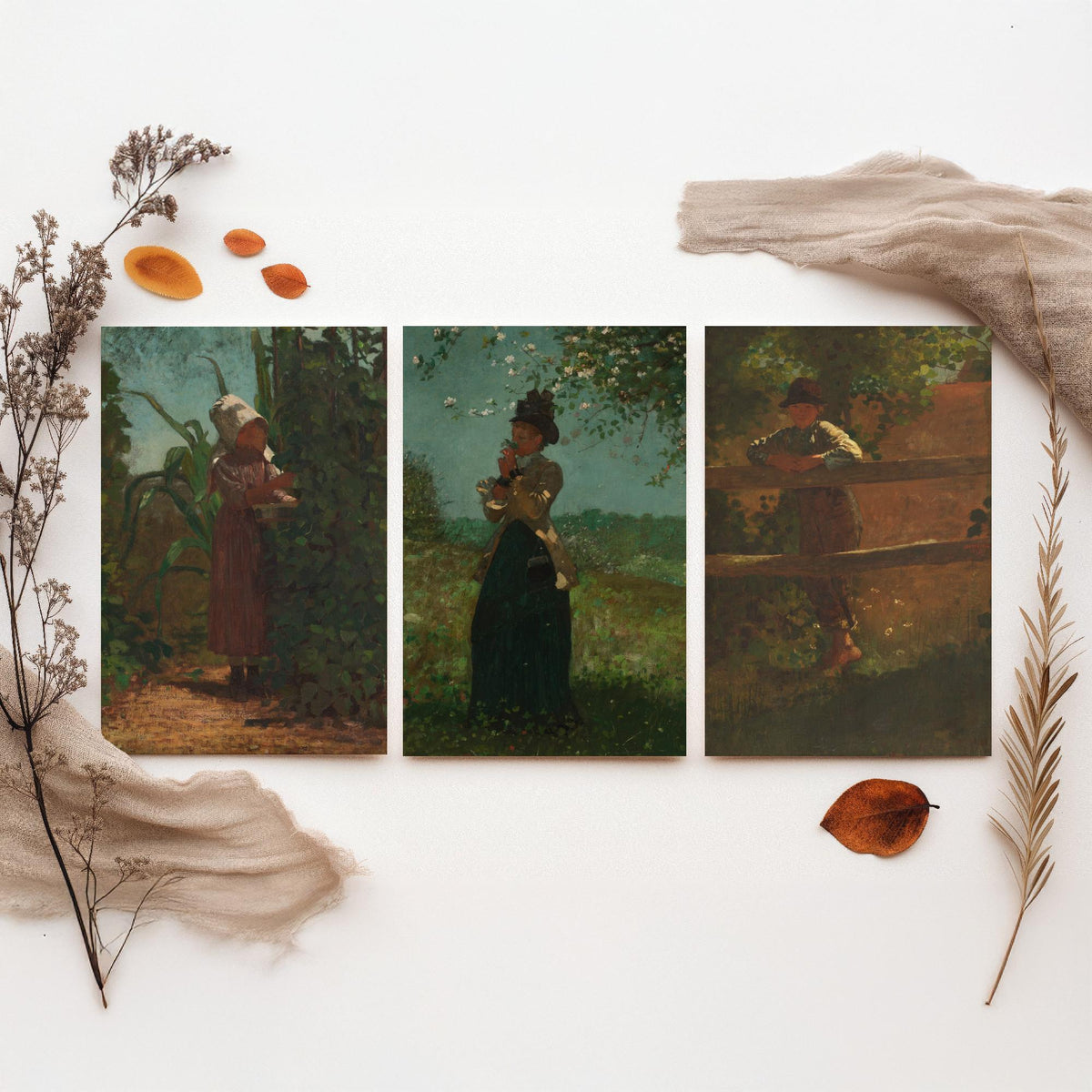 Winslow Homer Set of Three Art Prints - Sunbonnet Girl in the Garden, Lady with Blossom, Farm Boy at the Fence - American Painting Poster