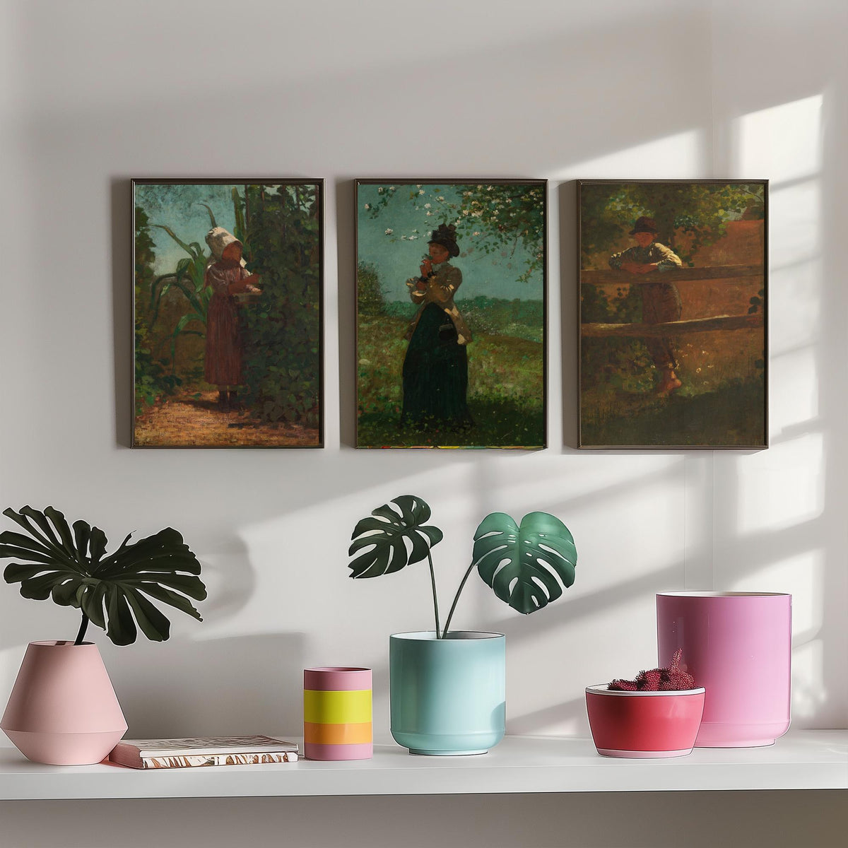 Winslow Homer Set of Three Art Prints - Sunbonnet Girl in the Garden, Lady with Blossom, Farm Boy at the Fence - American Painting Poster