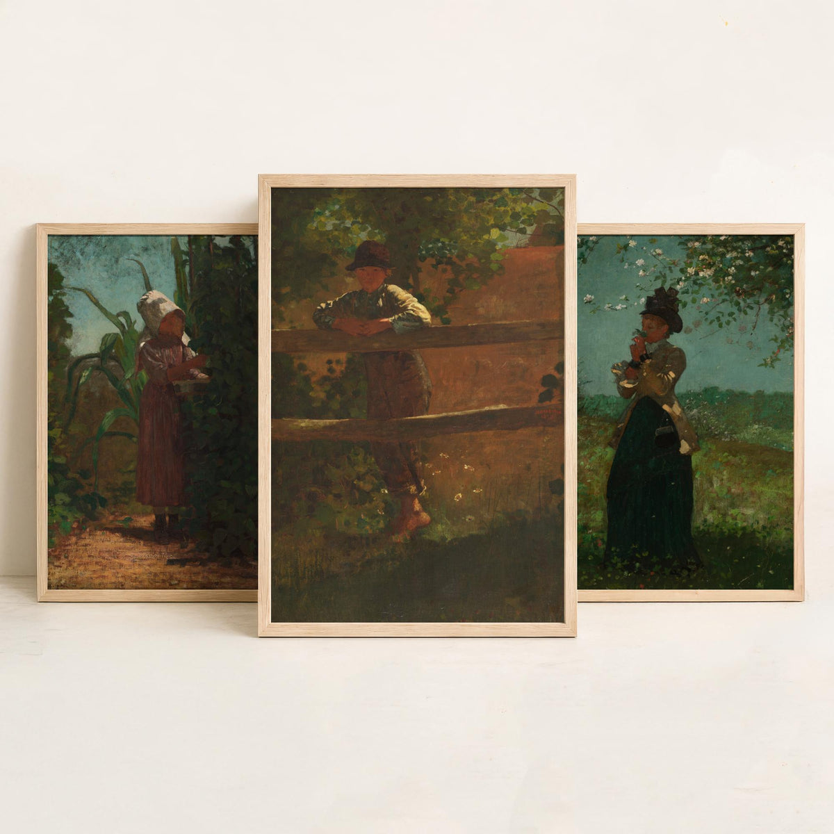 Winslow Homer Set of Three Art Prints - Sunbonnet Girl in the Garden, Lady with Blossom, Farm Boy at the Fence - American Painting Poster