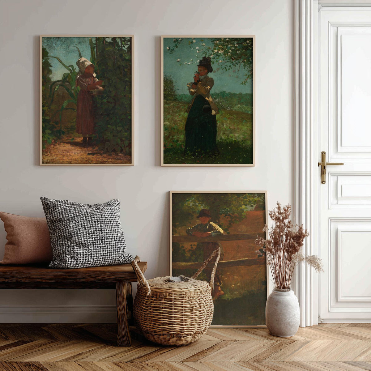 Winslow Homer Set of Three Art Prints - Sunbonnet Girl in the Garden, Lady with Blossom, Farm Boy at the Fence - American Painting Poster