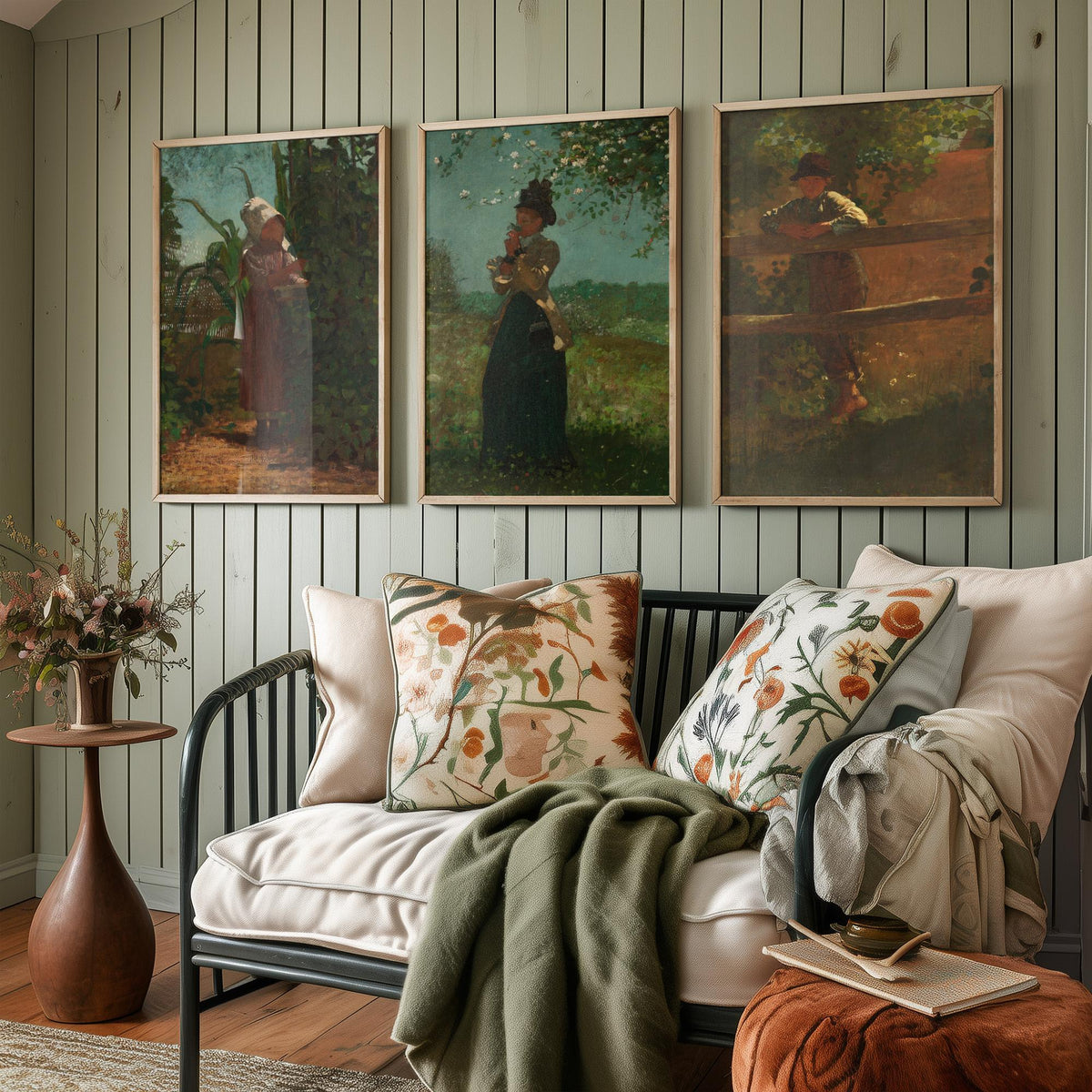 Winslow Homer Set of Three Art Prints - Sunbonnet Girl in the Garden, Lady with Blossom, Farm Boy at the Fence - American Painting Poster