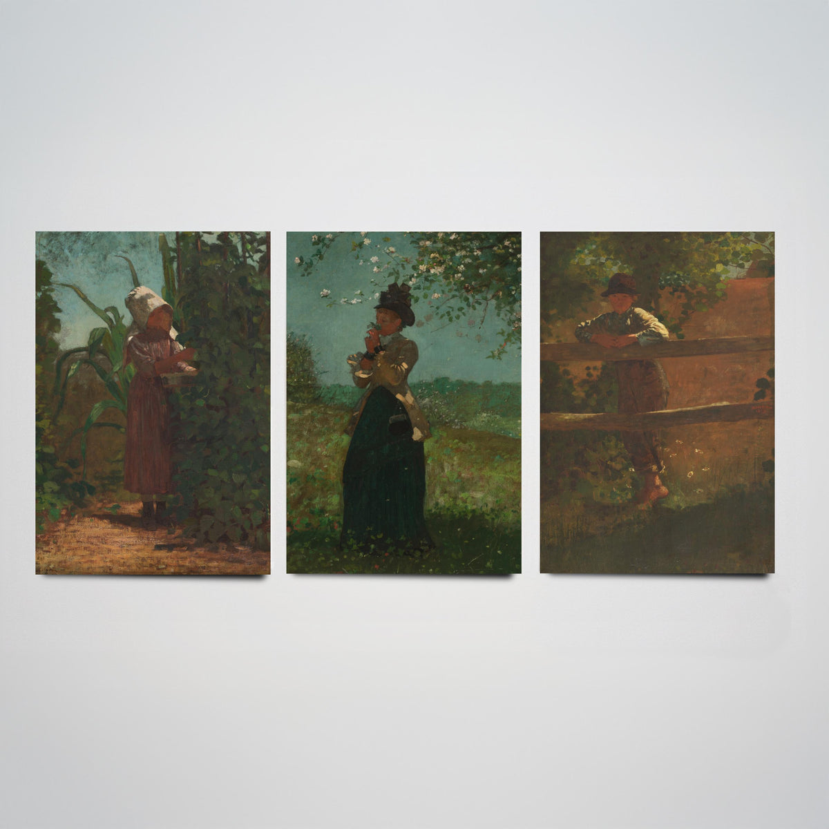 Winslow Homer Set of Three Art Prints - Sunbonnet Girl in the Garden, Lady with Blossom, Farm Boy at the Fence - American Painting Poster
