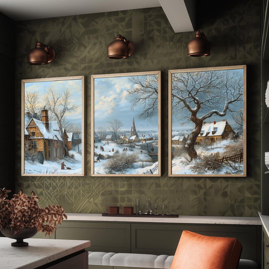 Winter Snow Village Set of Three Art Prints | Old Master Landscape Painting Poster