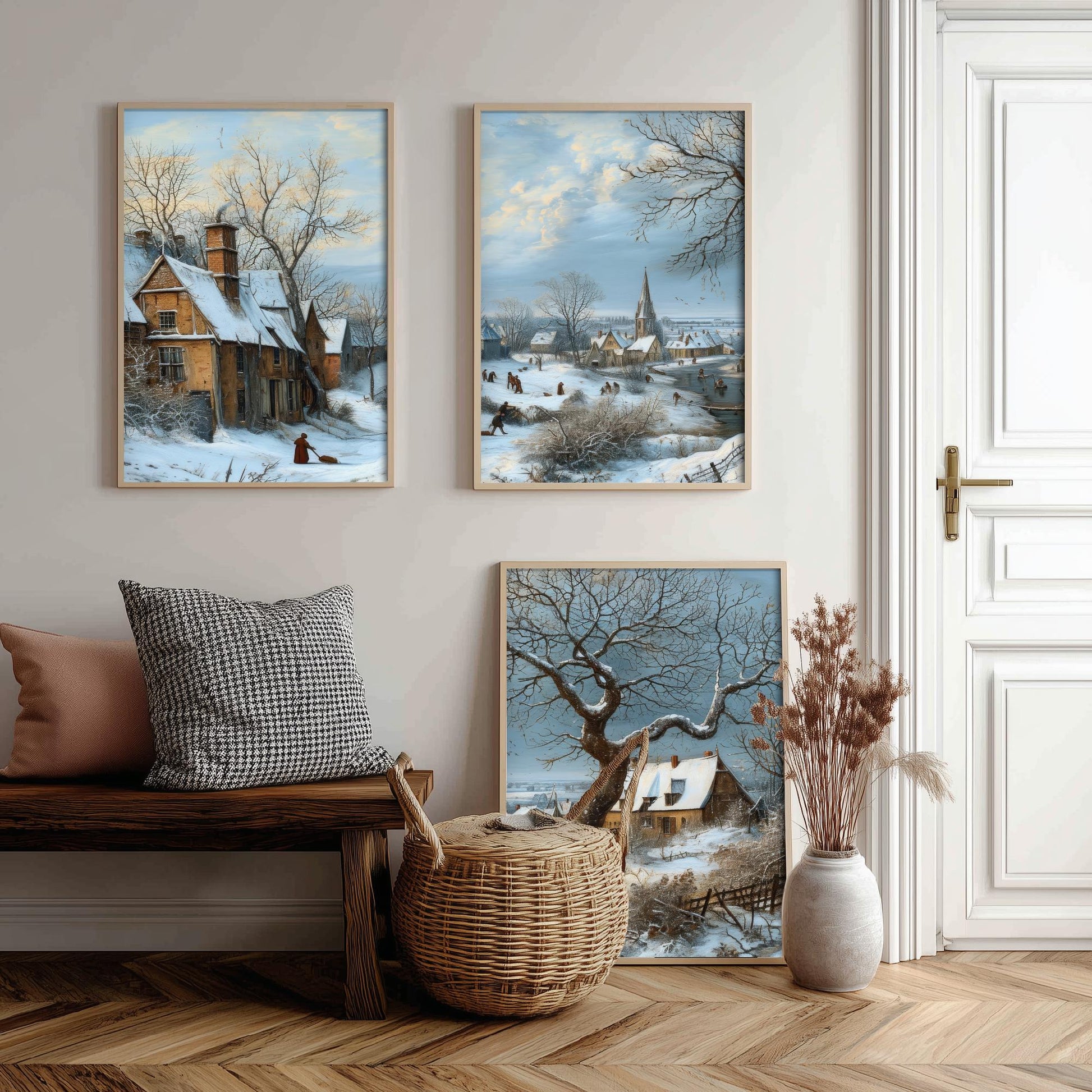 Winter Snow Village Set of Three Art Prints | Old Master Landscape Painting Poster