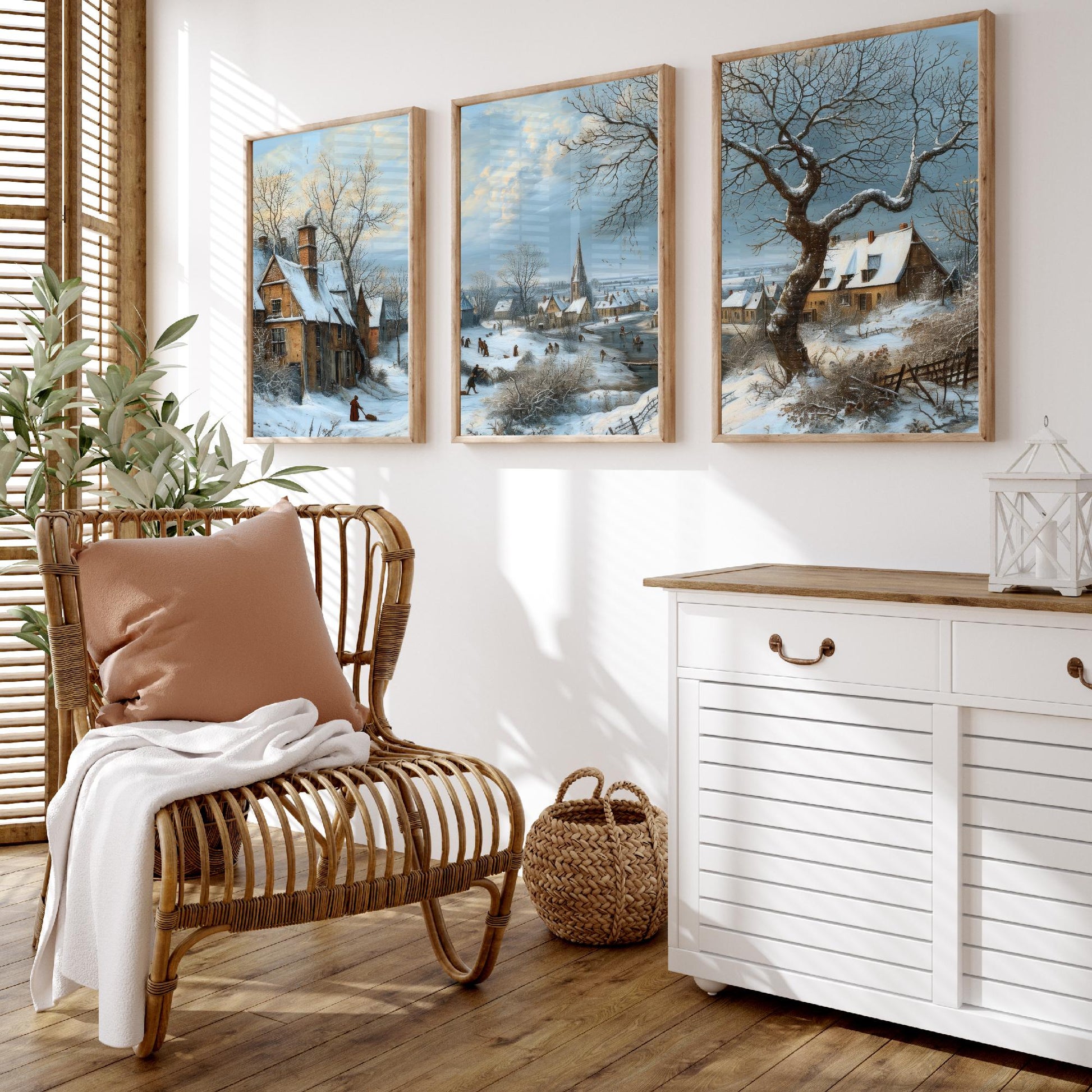 Winter Snow Village Set of Three Art Prints | Old Master Landscape Painting Poster