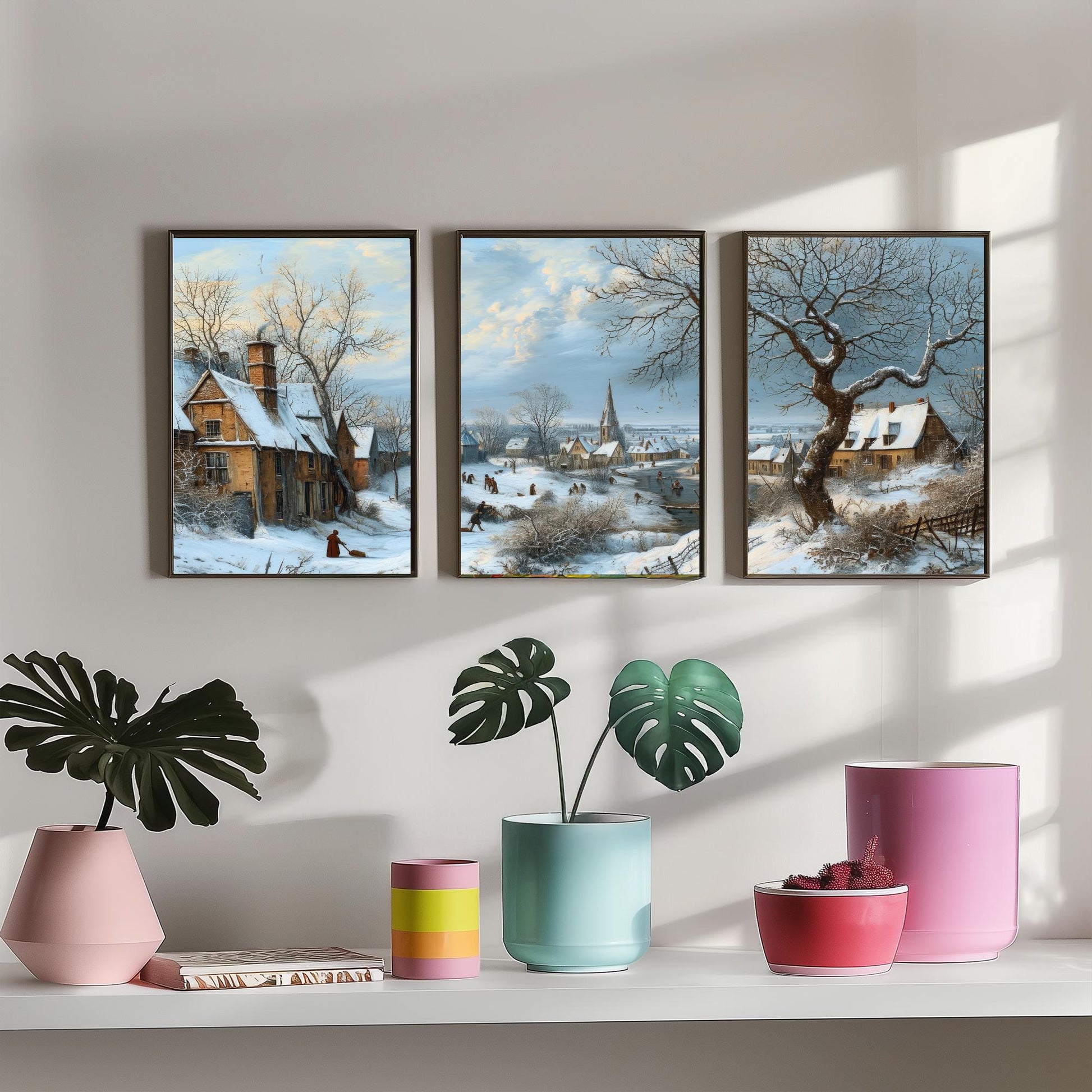Winter Snow Village Set of Three Art Prints | Old Master Landscape Painting Poster
