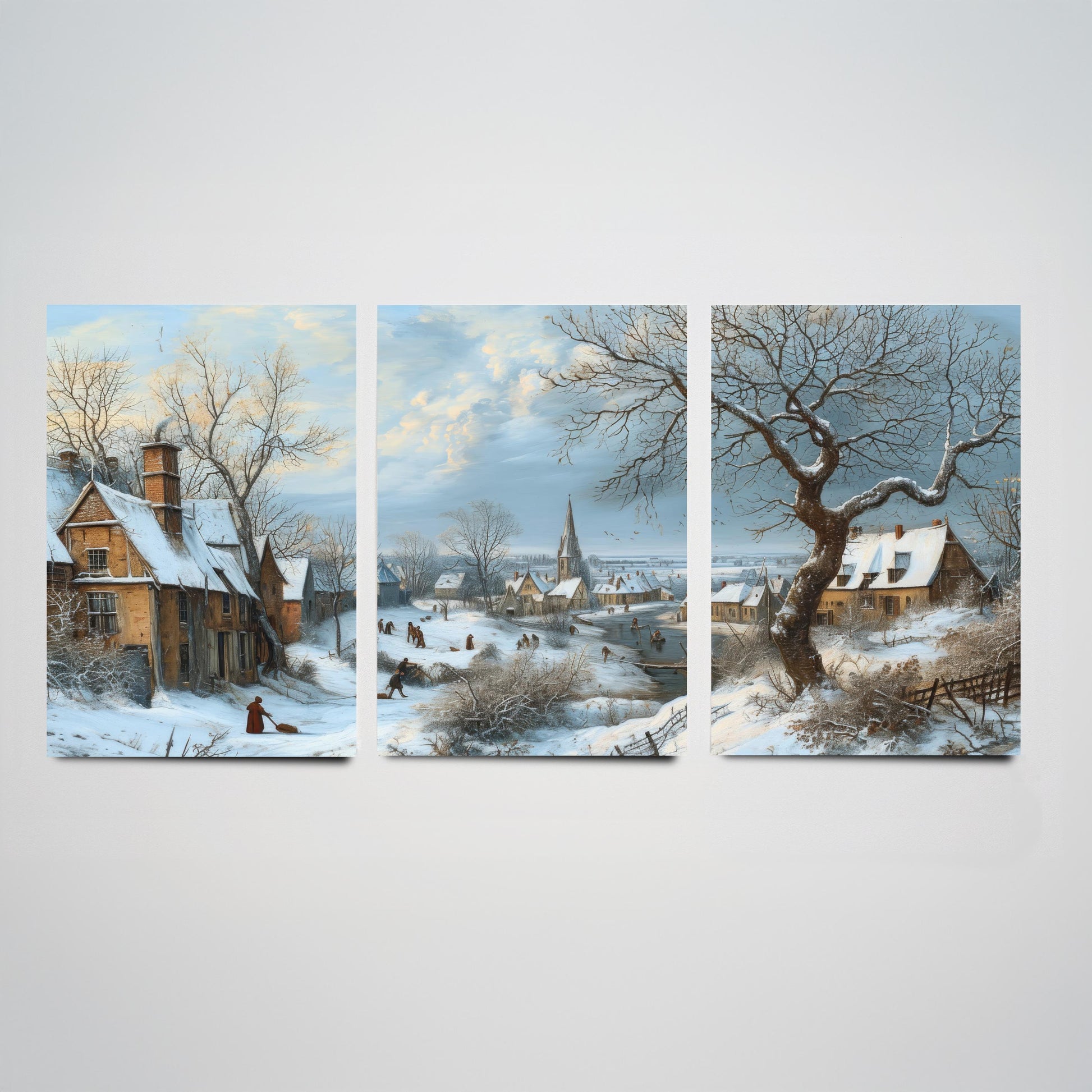 Winter Snow Village Set of Three Art Prints | Old Master Landscape Painting Poster