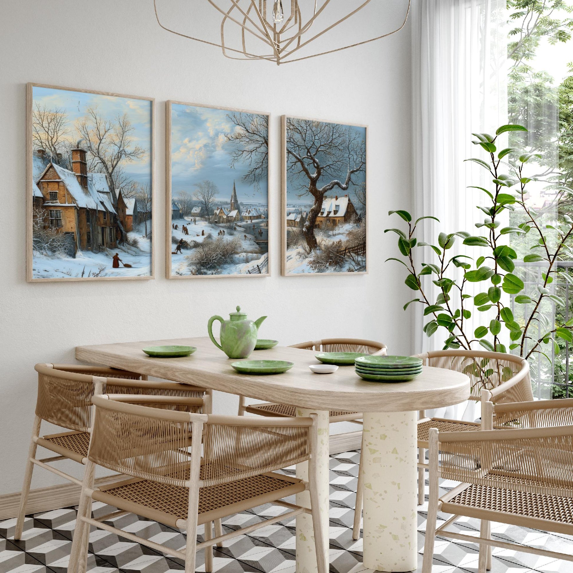 Winter Snow Village Set of Three Art Prints | Old Master Landscape Painting Poster