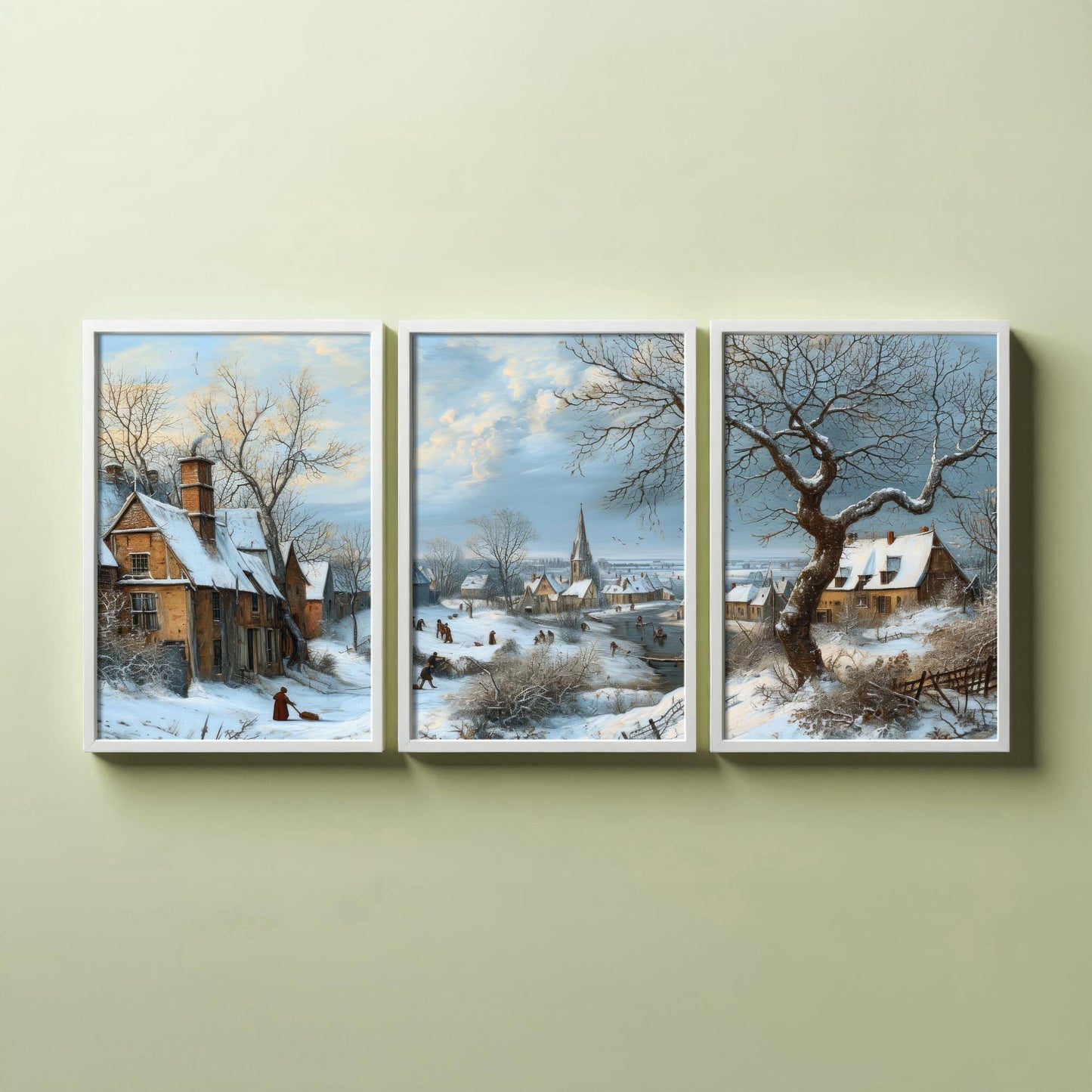 Winter Snow Village Set of Three Art Prints | Old Master Landscape Painting Poster
