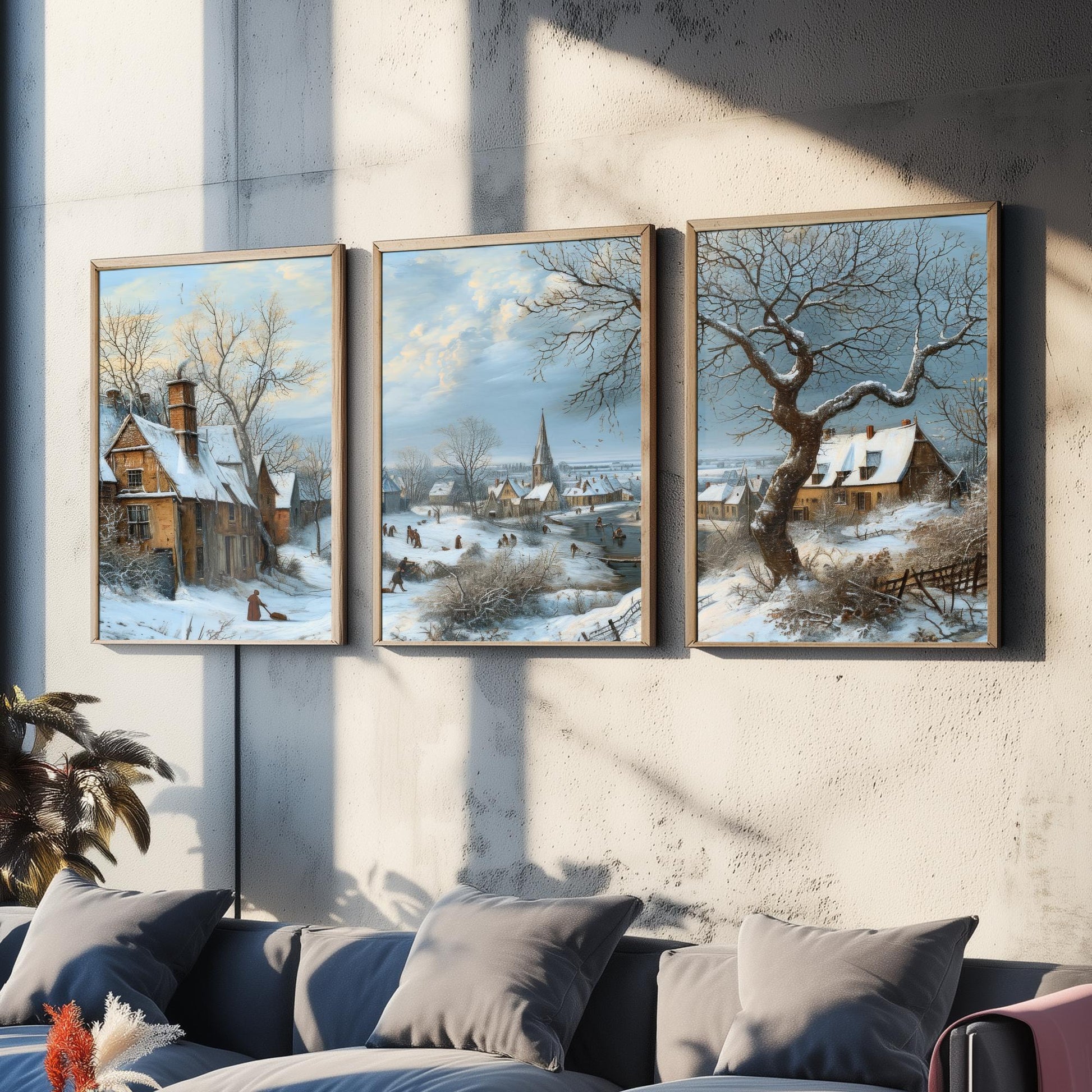 Winter Snow Village Set of Three Art Prints | Old Master Landscape Painting Poster