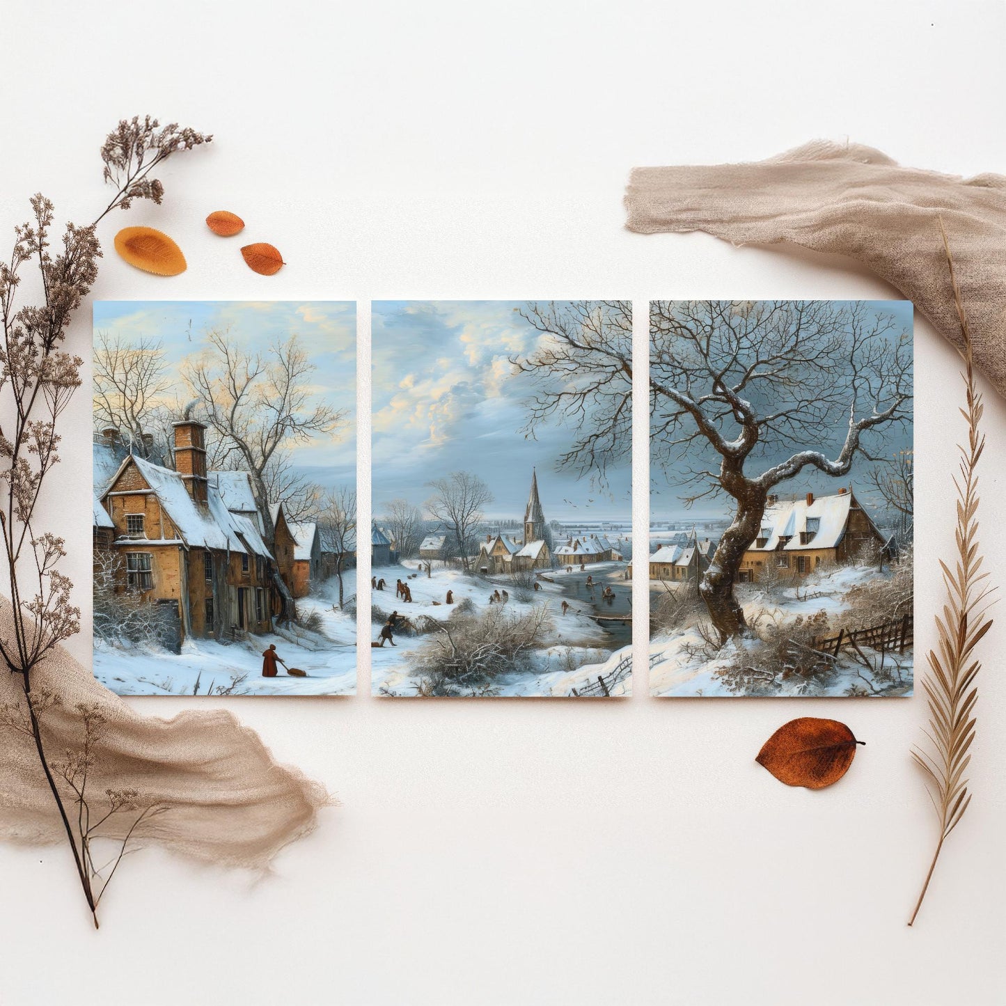 Winter Snow Village Set of Three Art Prints | Old Master Landscape Painting Poster