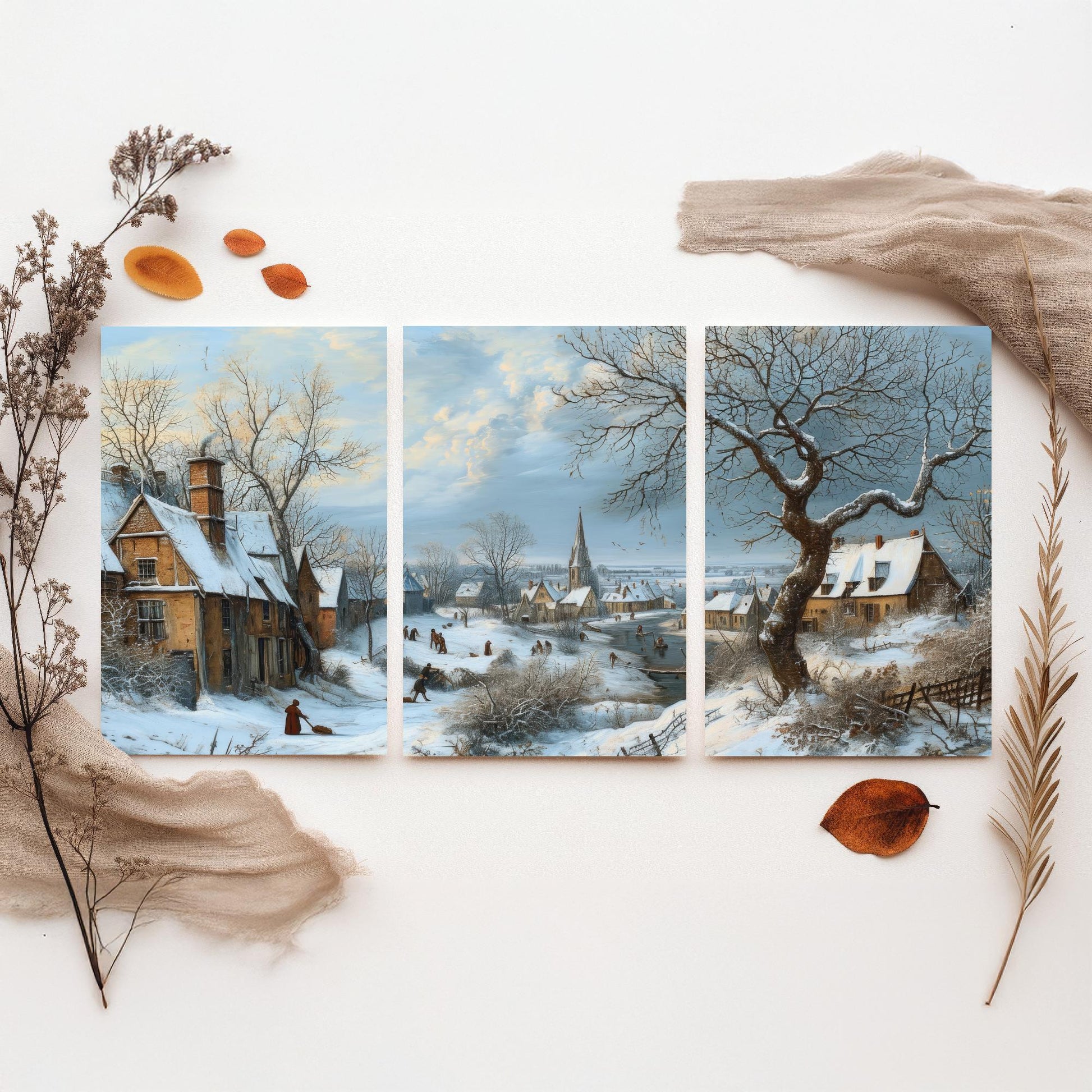 Winter Snow Village Set of Three Art Prints | Old Master Landscape Painting Poster