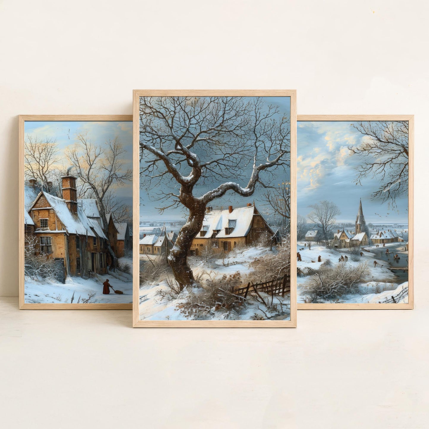 Winter Snow Village Set of Three Art Prints | Old Master Landscape Painting Poster