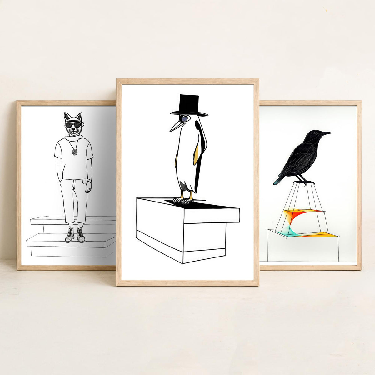 Wolf, Blackbird and Penguin Set of Three Art Prints - Hipster Wolf in Sunglasses, Top Hat Penguin - Quirky Line Drawing Poster