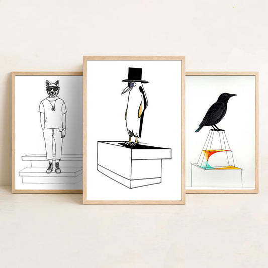 Wolf, Blackbird and Penguin Set of Three Art Prints - Hipster Wolf in Sunglasses, Top Hat Penguin - Quirky Line Drawing Poster