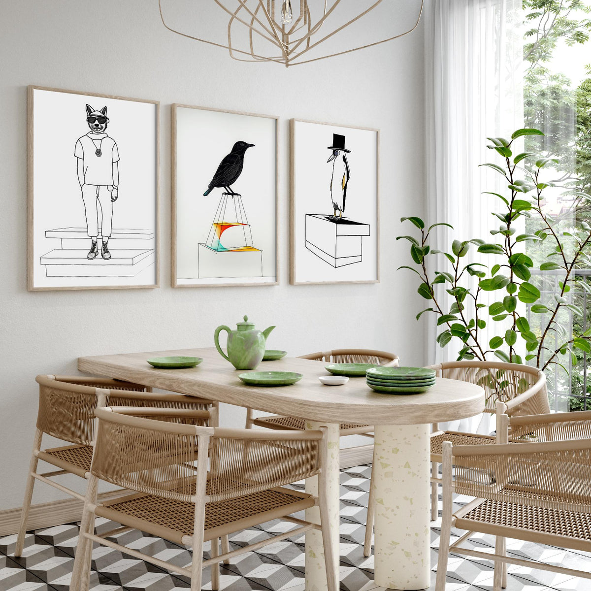 Wolf, Blackbird and Penguin Set of Three Art Prints - Hipster Wolf in Sunglasses, Top Hat Penguin - Quirky Line Drawing Poster