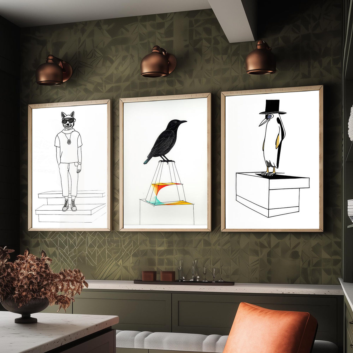 Wolf, Blackbird and Penguin Set of Three Art Prints - Hipster Wolf in Sunglasses, Top Hat Penguin - Quirky Line Drawing Poster