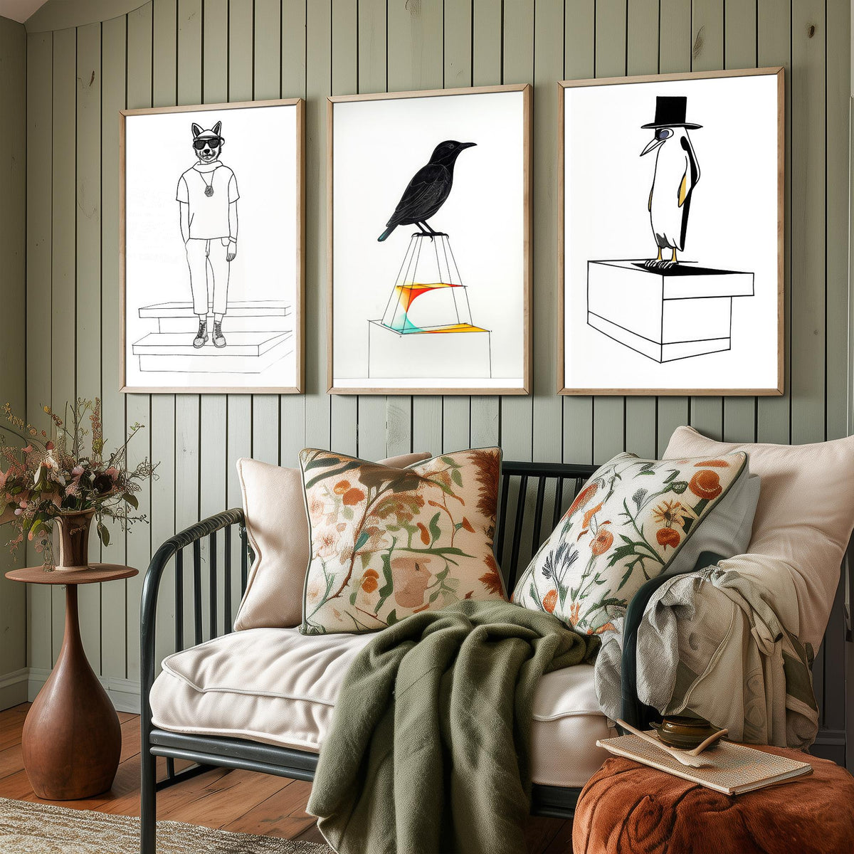 Wolf, Blackbird and Penguin Set of Three Art Prints - Hipster Wolf in Sunglasses, Top Hat Penguin - Quirky Line Drawing Poster