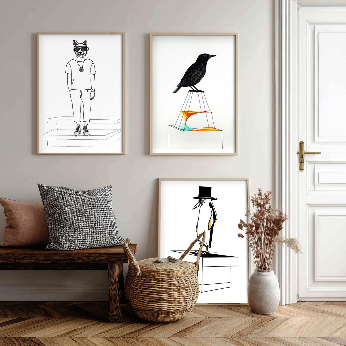 Wolf, Blackbird and Penguin Set of Three Art Prints - Hipster Wolf in Sunglasses, Top Hat Penguin - Quirky Line Drawing Poster