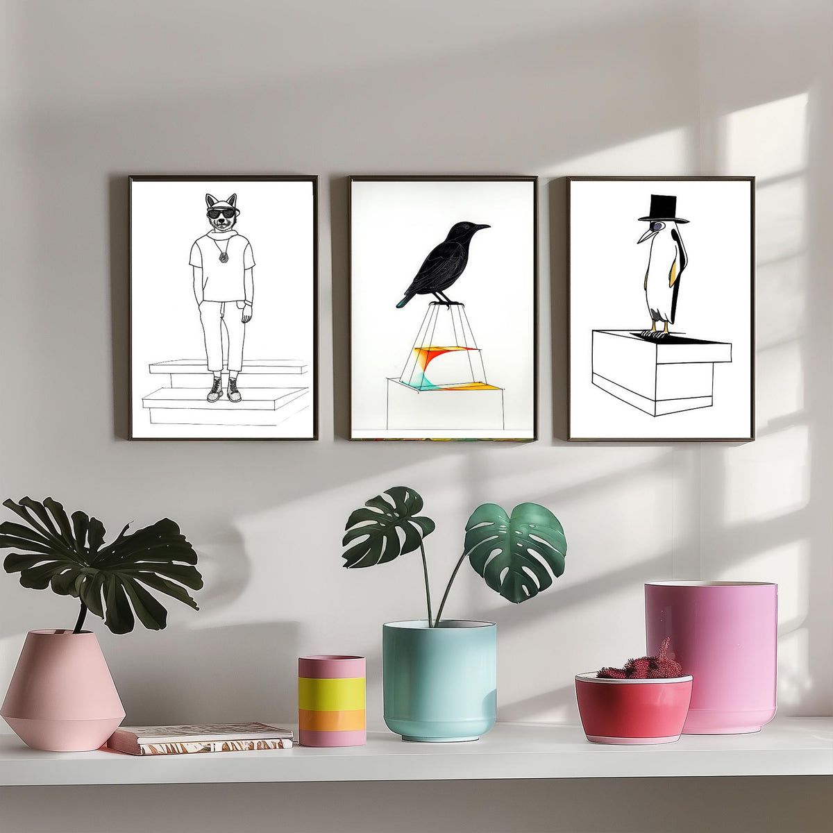 Wolf, Blackbird and Penguin Set of Three Art Prints - Hipster Wolf in Sunglasses, Top Hat Penguin - Quirky Line Drawing Poster