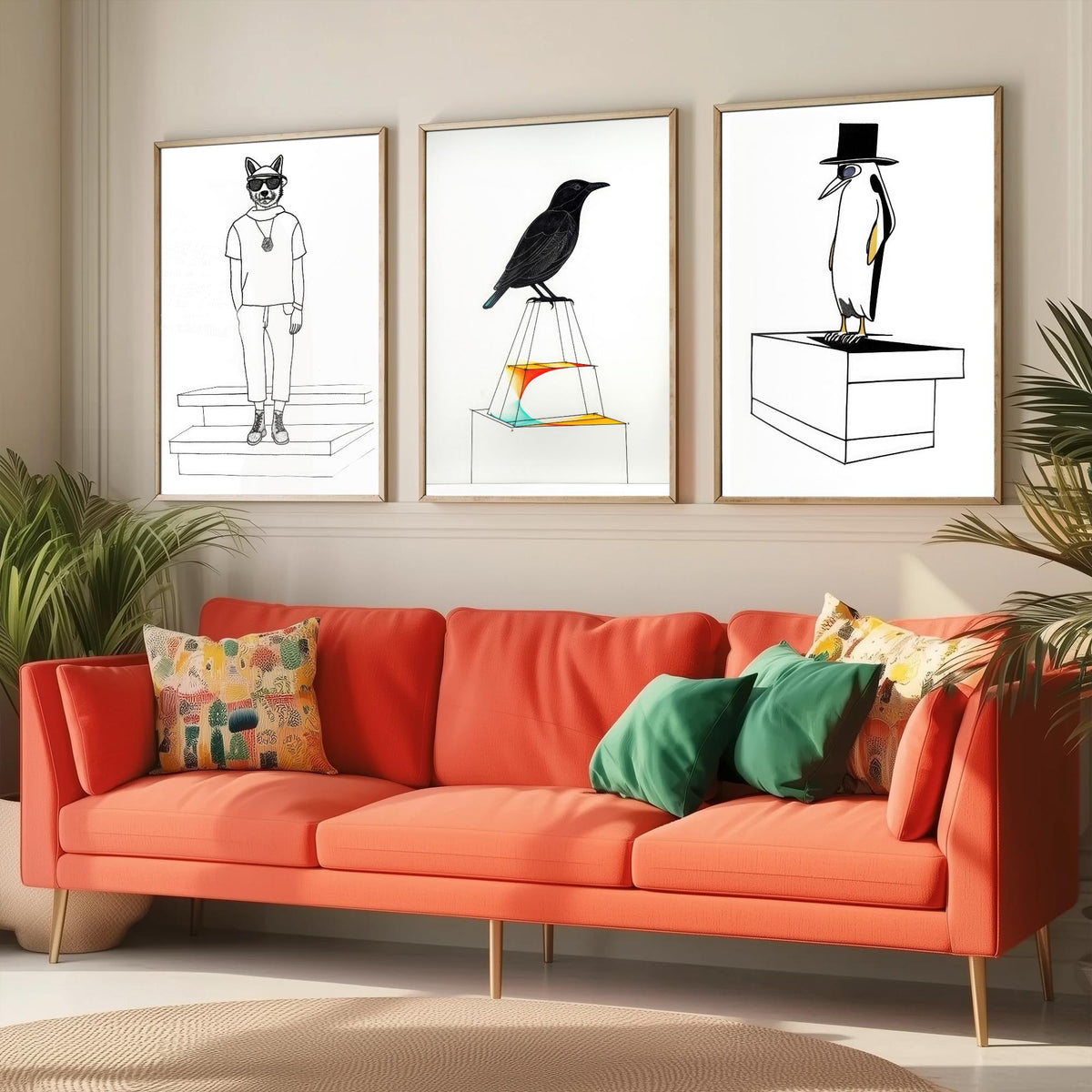 Wolf, Blackbird and Penguin Set of Three Art Prints - Hipster Wolf in Sunglasses, Top Hat Penguin - Quirky Line Drawing Poster