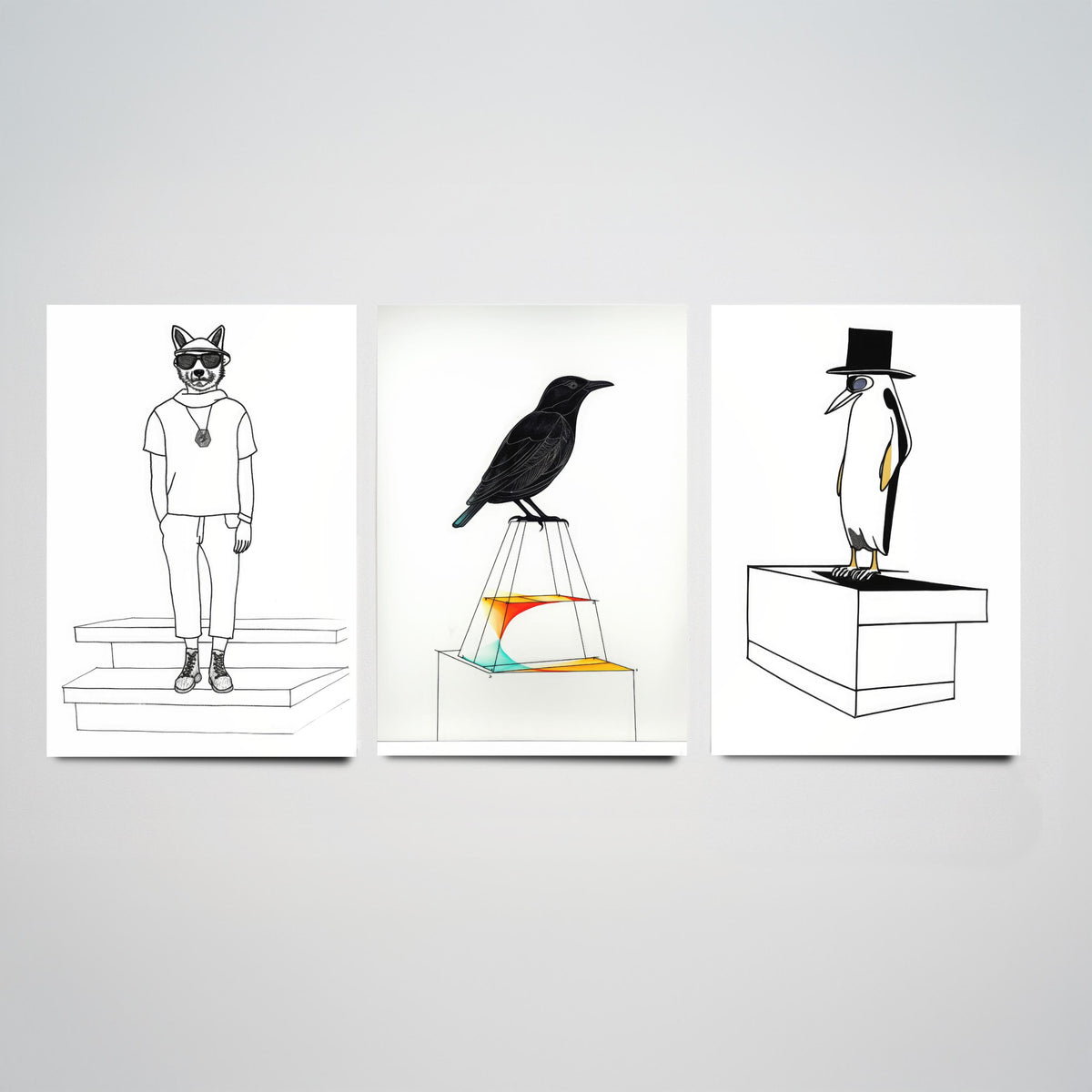 Wolf, Blackbird and Penguin Set of Three Art Prints - Hipster Wolf in Sunglasses, Top Hat Penguin - Quirky Line Drawing Poster