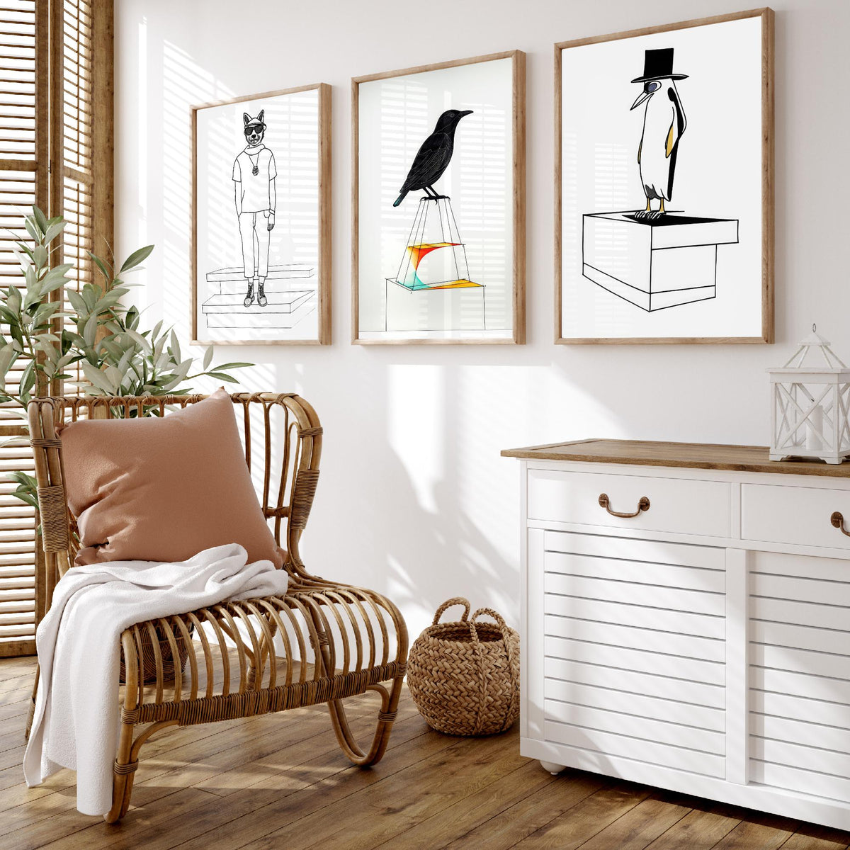 Wolf, Blackbird and Penguin Set of Three Art Prints - Hipster Wolf in Sunglasses, Top Hat Penguin - Quirky Line Drawing Poster