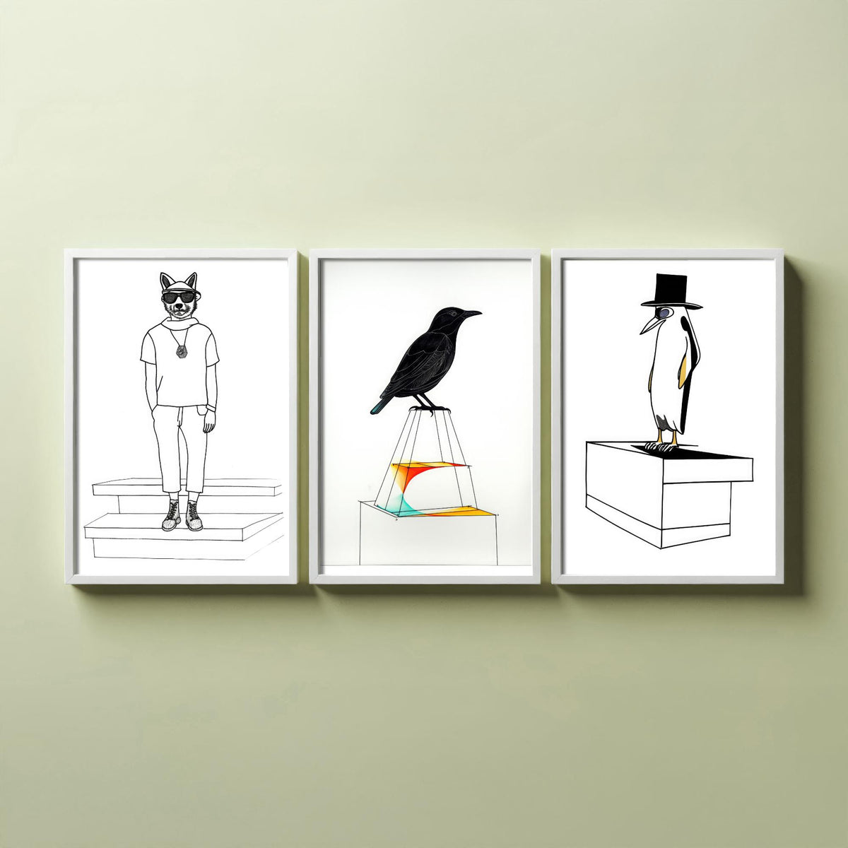 Wolf, Blackbird and Penguin Set of Three Art Prints - Hipster Wolf in Sunglasses, Top Hat Penguin - Quirky Line Drawing Poster