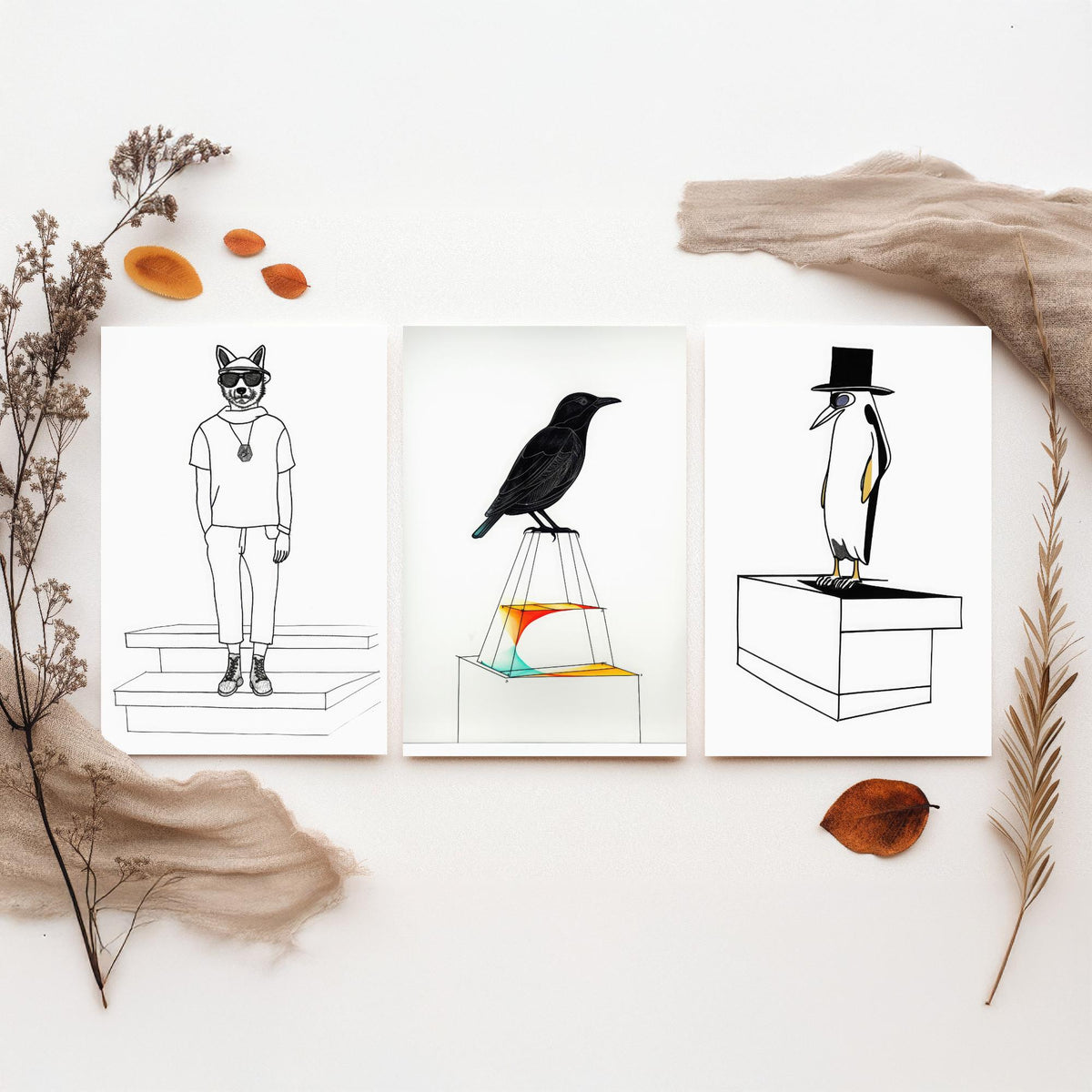 Wolf, Blackbird and Penguin Set of Three Art Prints - Hipster Wolf in Sunglasses, Top Hat Penguin - Quirky Line Drawing Poster