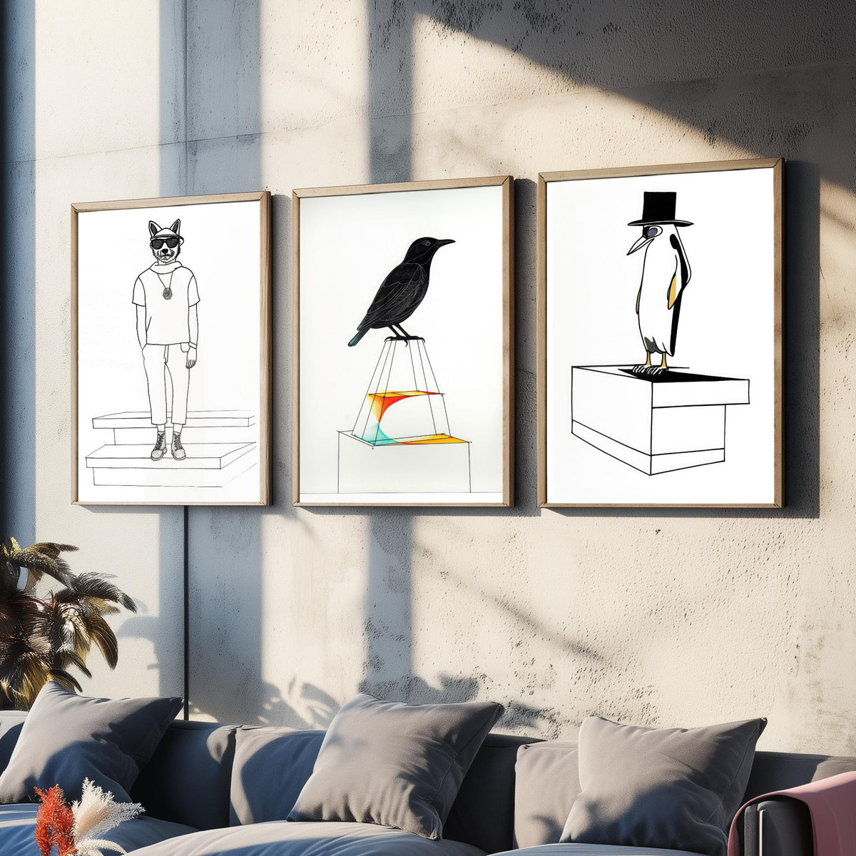 Wolf, Blackbird and Penguin Set of Three Art Prints - Hipster Wolf in Sunglasses, Top Hat Penguin - Quirky Line Drawing Poster