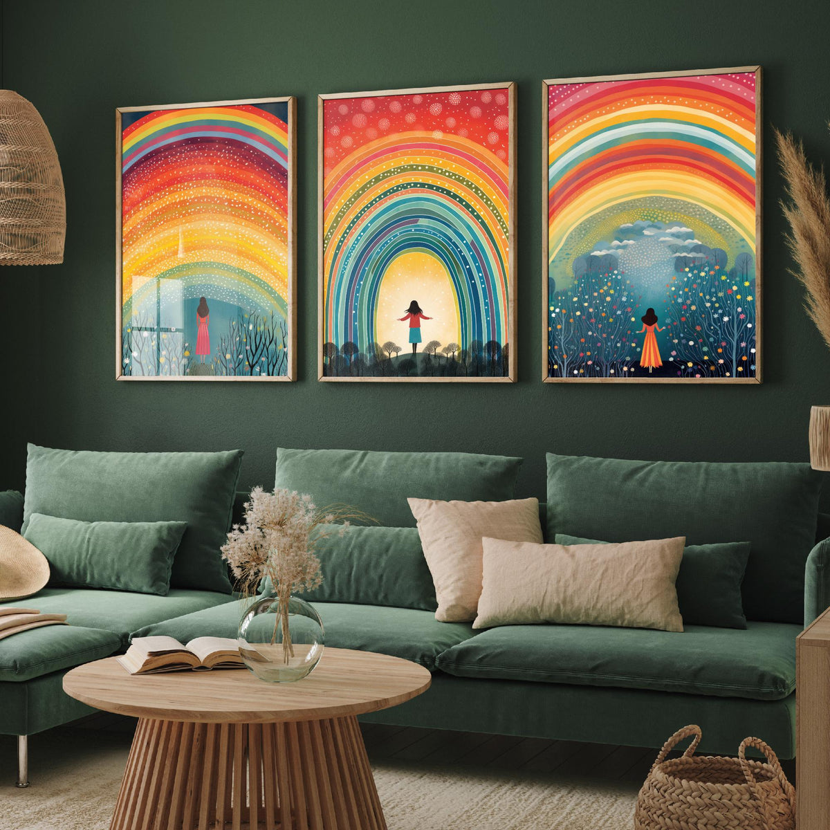 Rainbow Woman Set of Three Art Prints - Girl Under Dotted Rainbow, Open Arms in the Arch, Wildflower Wood - Folk Illustration Poster
