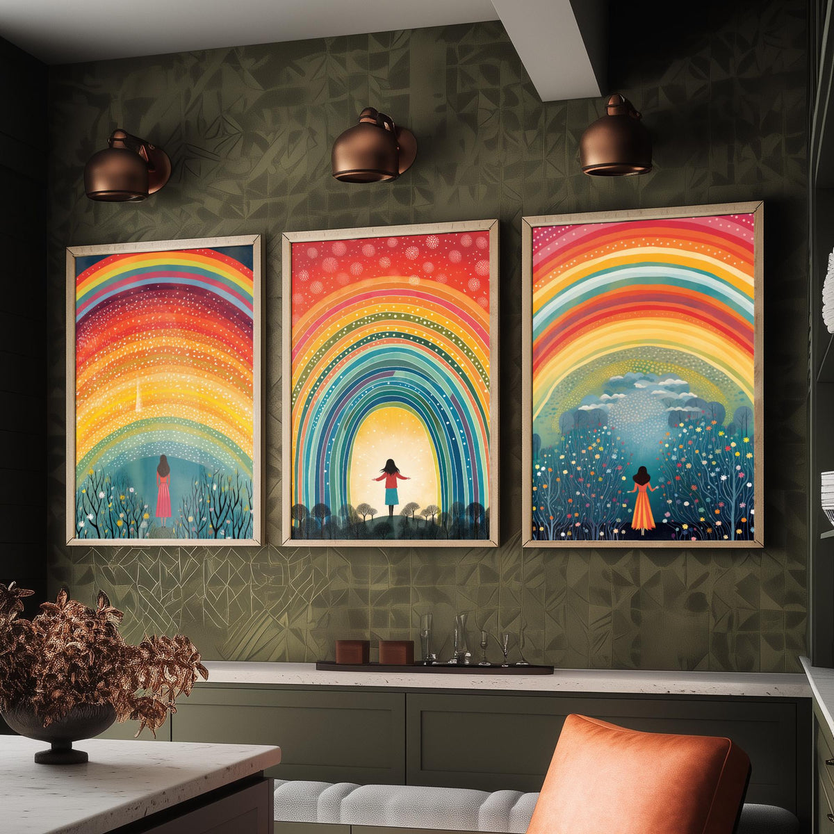 Rainbow Woman Set of Three Art Prints - Girl Under Dotted Rainbow, Open Arms in the Arch, Wildflower Wood - Folk Illustration Poster