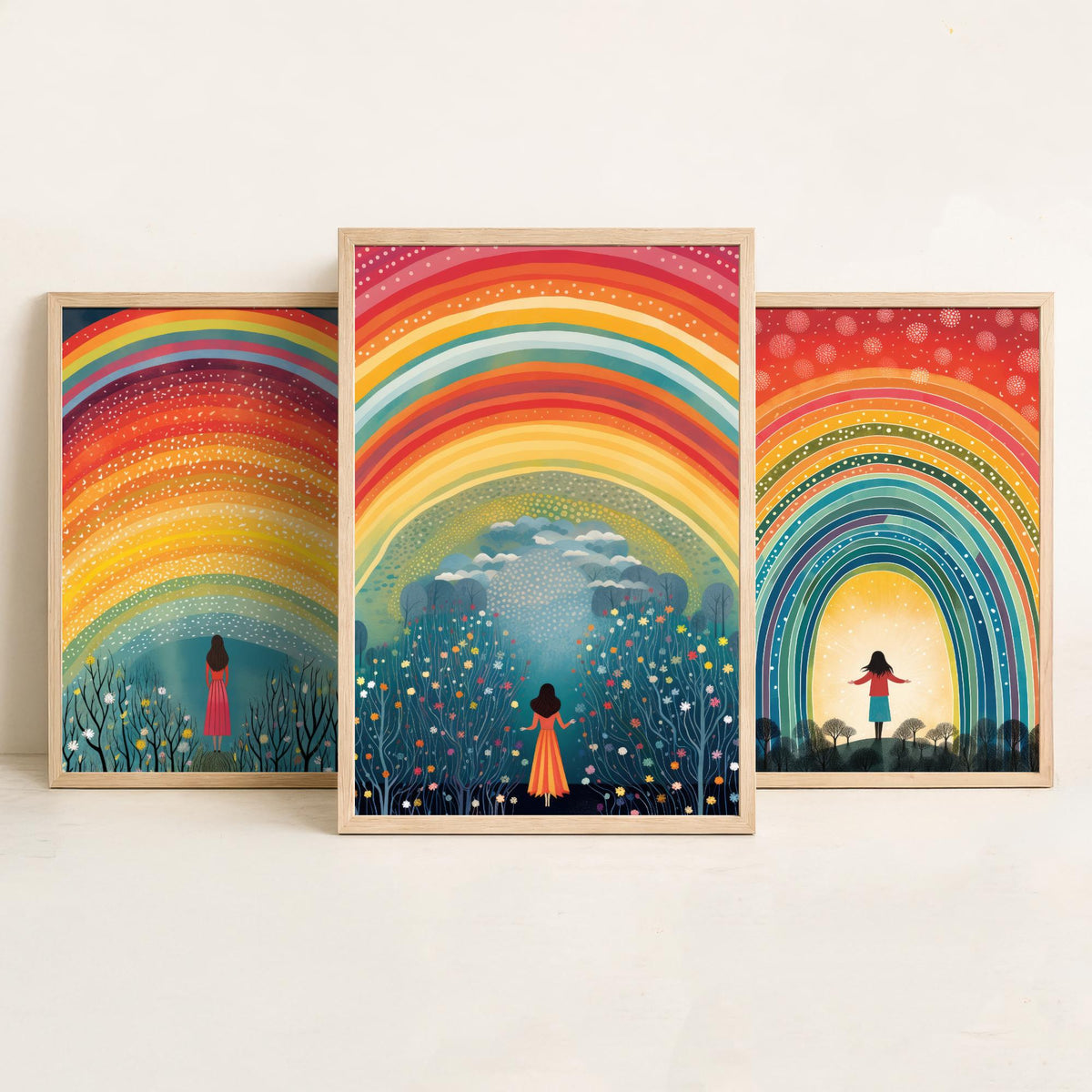 Rainbow Woman Set of Three Art Prints - Girl Under Dotted Rainbow, Open Arms in the Arch, Wildflower Wood - Folk Illustration Poster